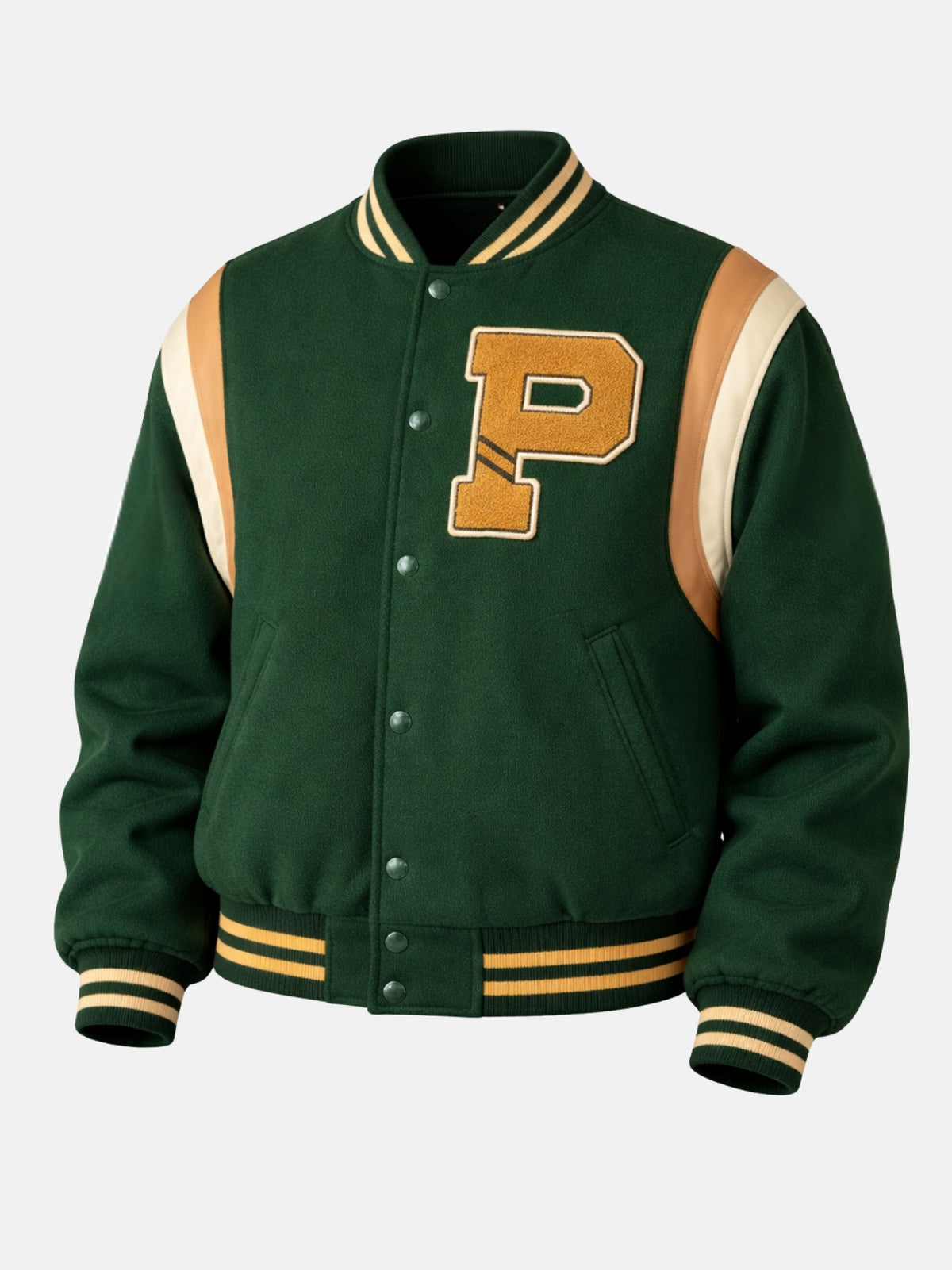Flat lay front of green wool jacket showing full chenille patch detail