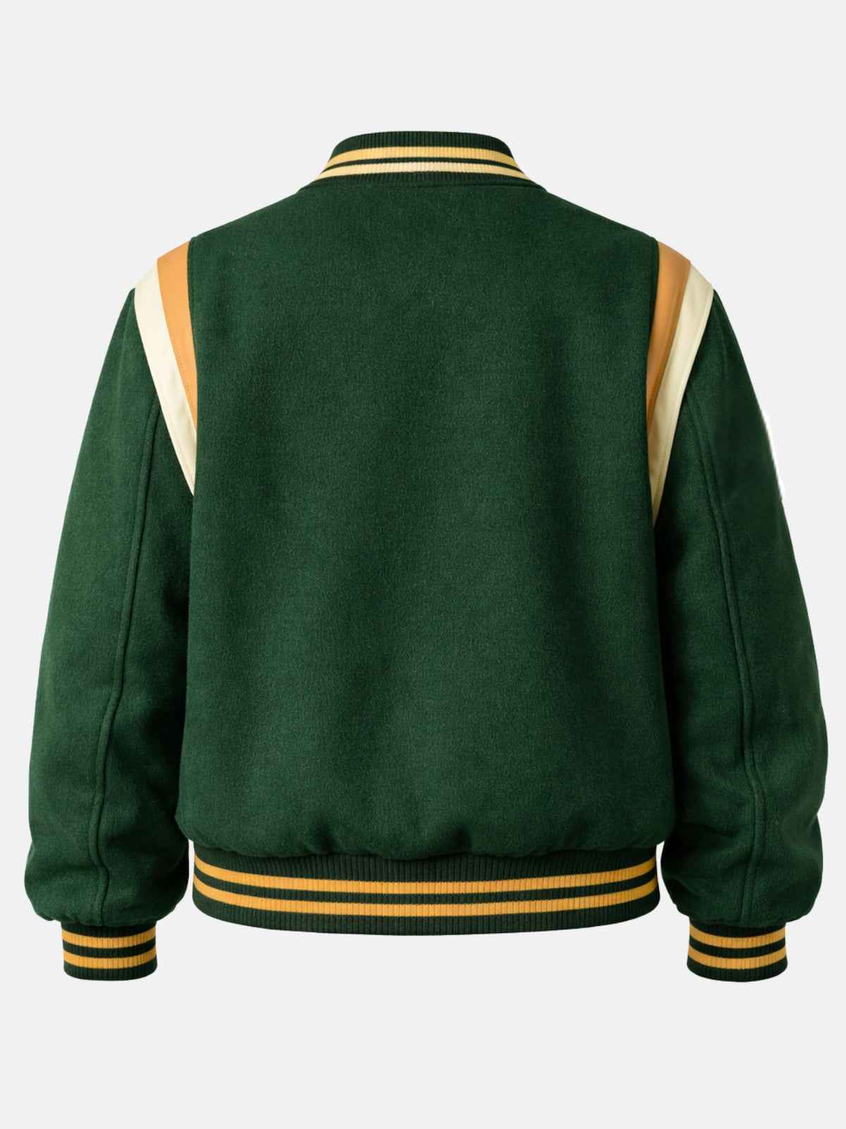 Flat lay back of green wool jacket showing the curved leather panels