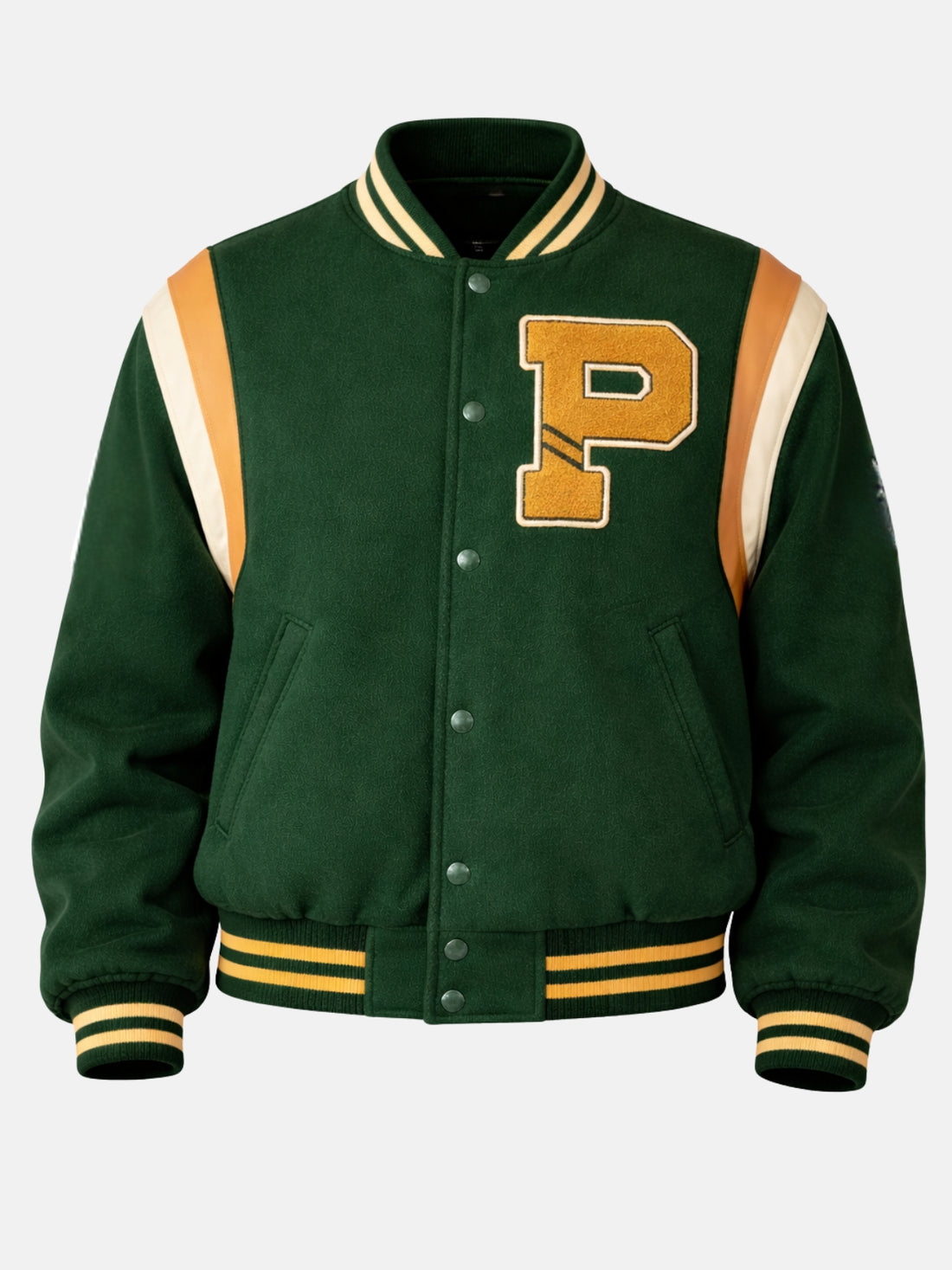 Green wool letterman jacket with gold chenille P patch on model