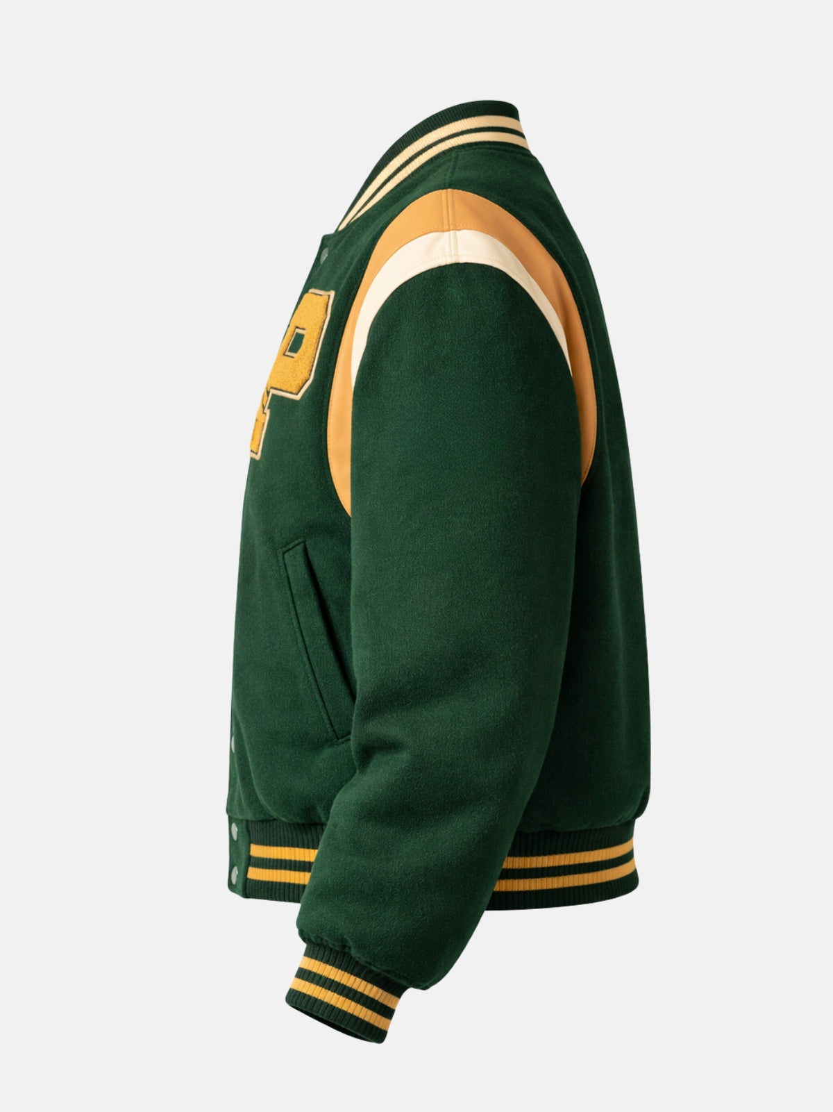 Flat lay side view of green wool jacket showing the leather sleeve curve