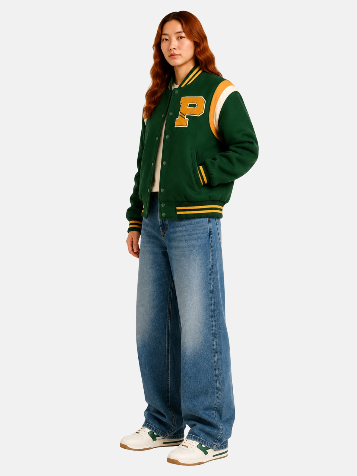 Full-length view of green and gold letterman jacket over blue jeans