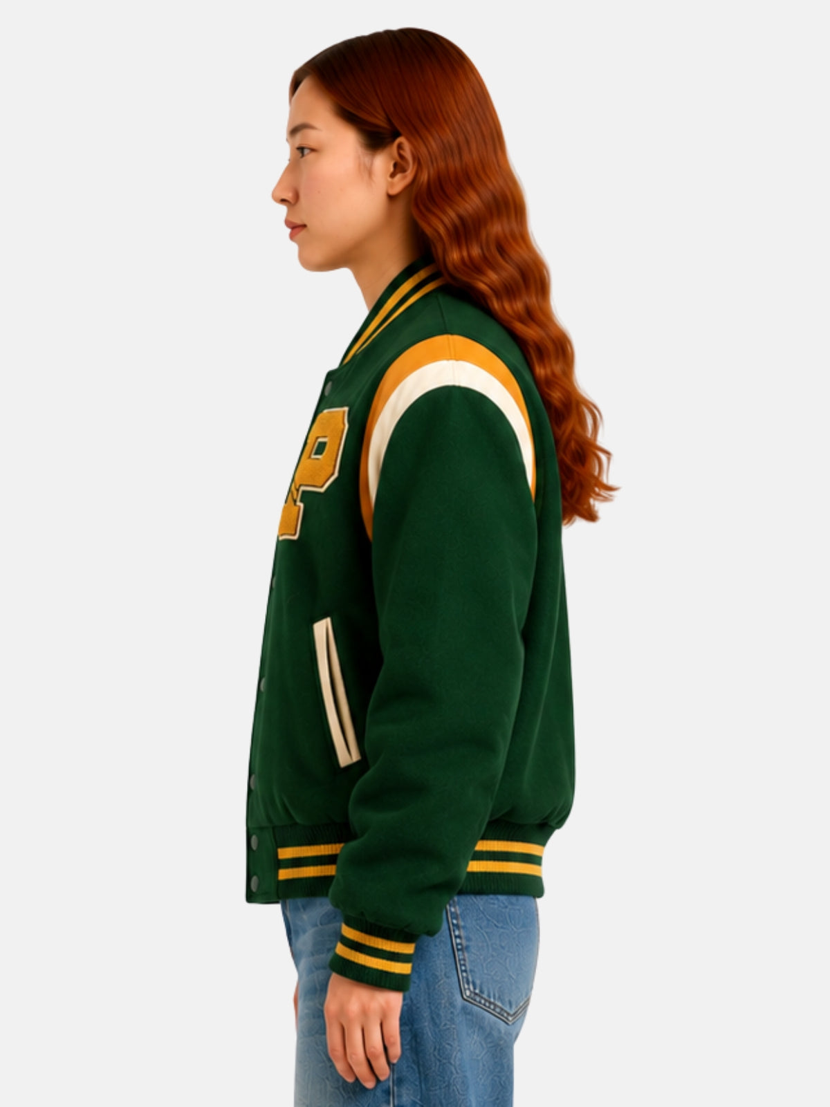 Side profile of green wool jacket showing curved leather sleeve panel