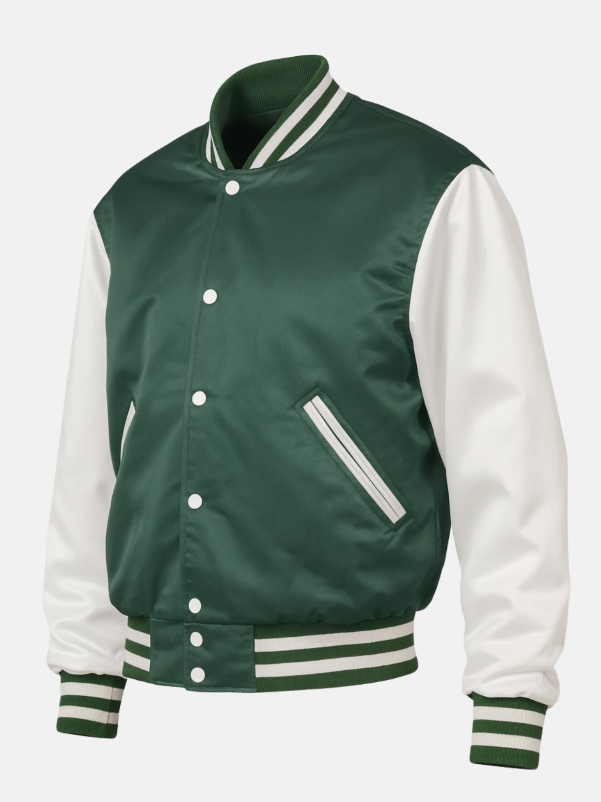 Angled front view of green satin varsity jacket with double white stripe ribbing
