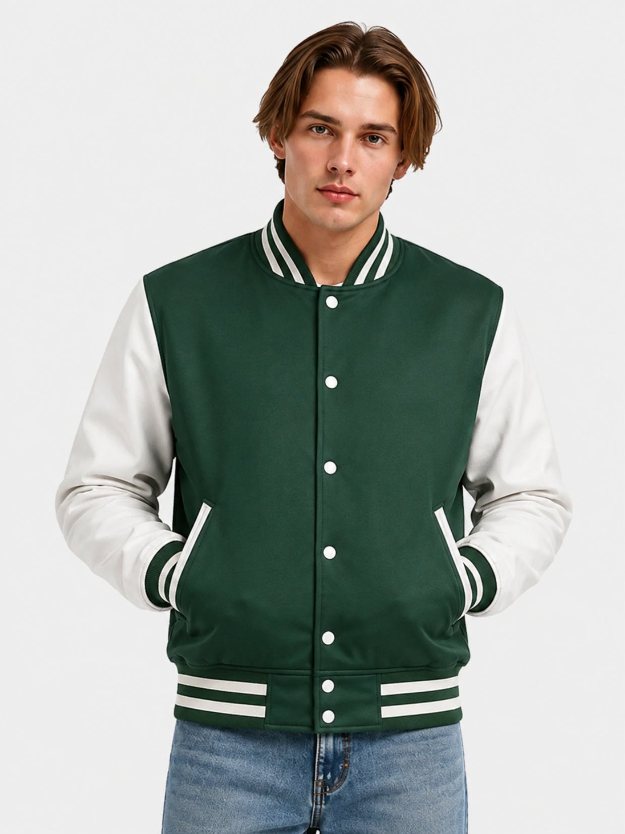 Man wearing a green satin varsity jacket with white sleeves and striped rib trims, front view