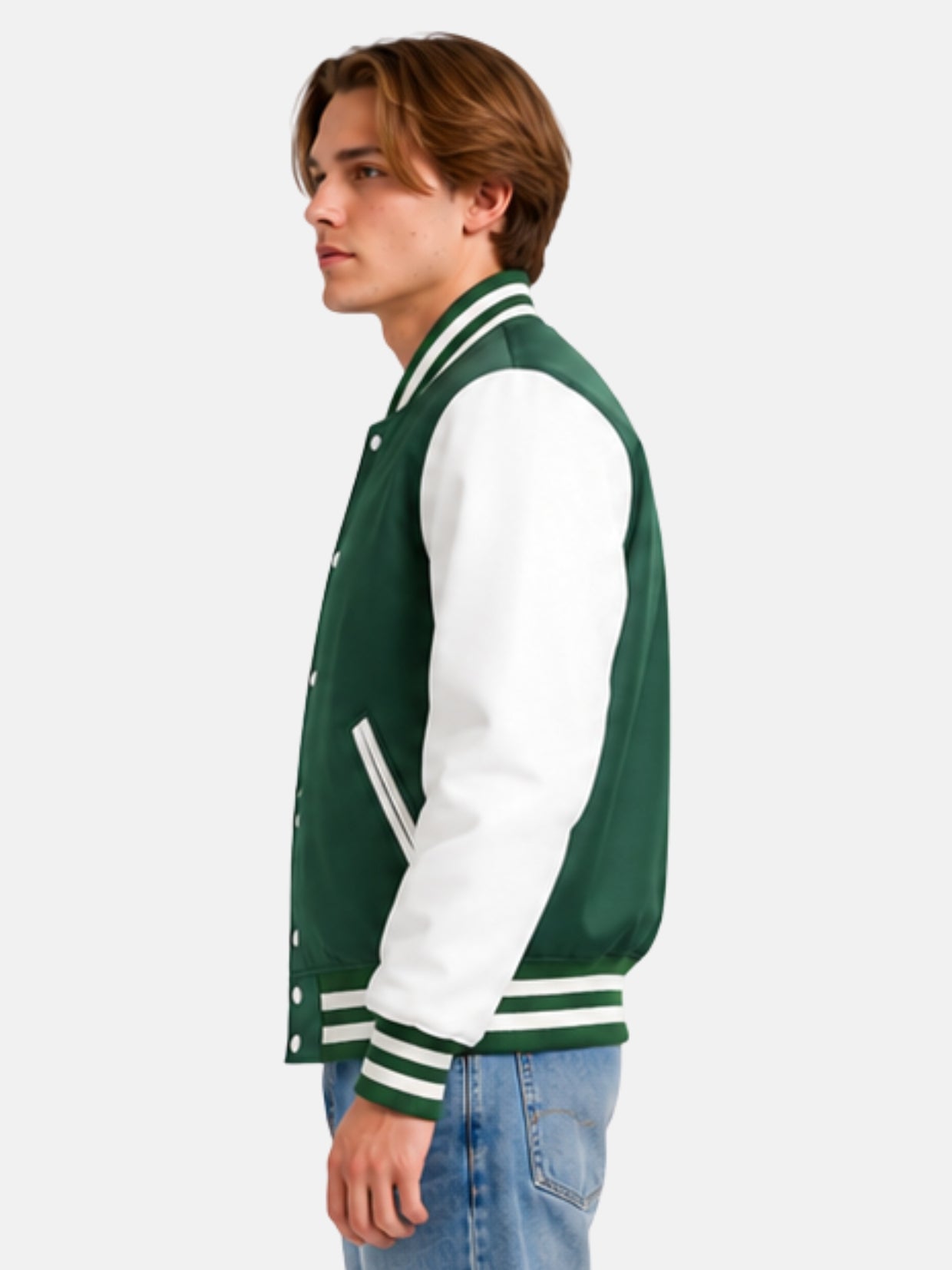 Side profile of green satin varsity jacket showing white satin sleeve and striped cuff