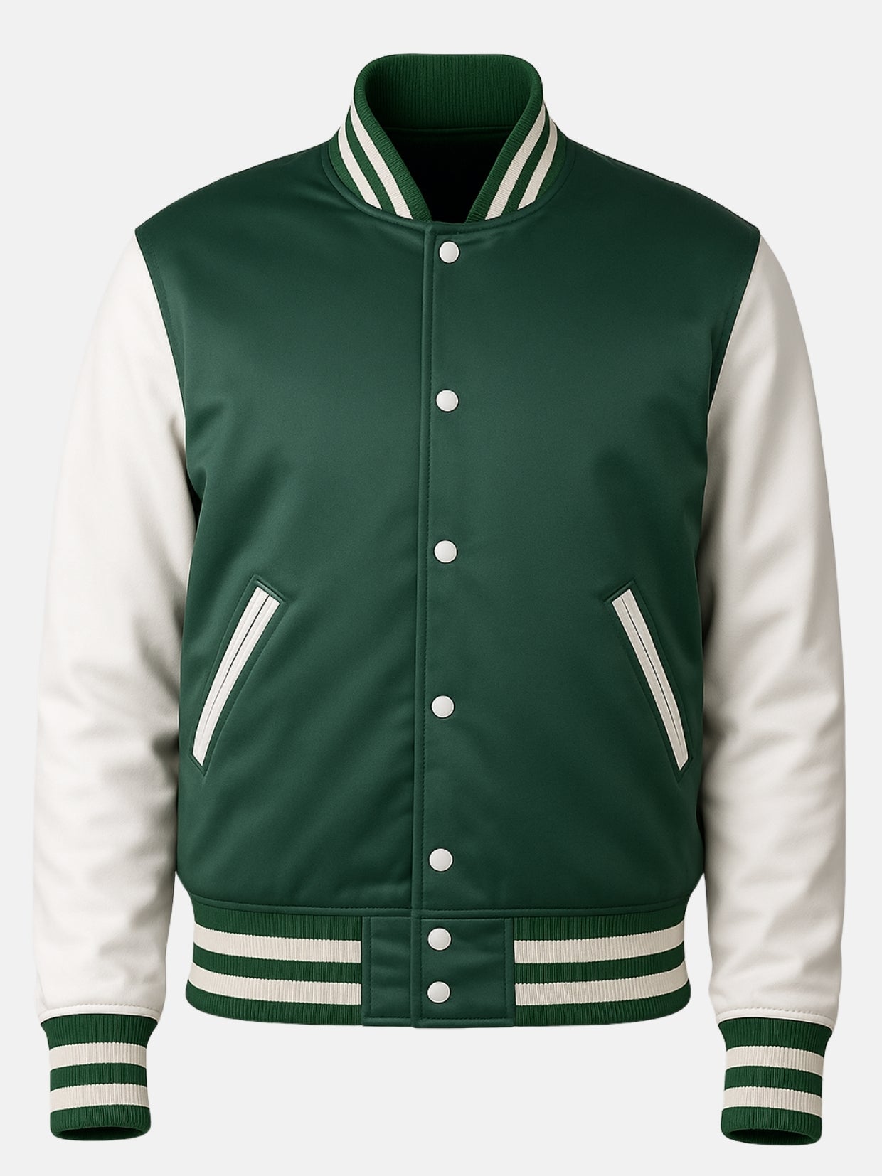 Forest green satin varsity jacket flat front with white snap placket and slanted welt pockets