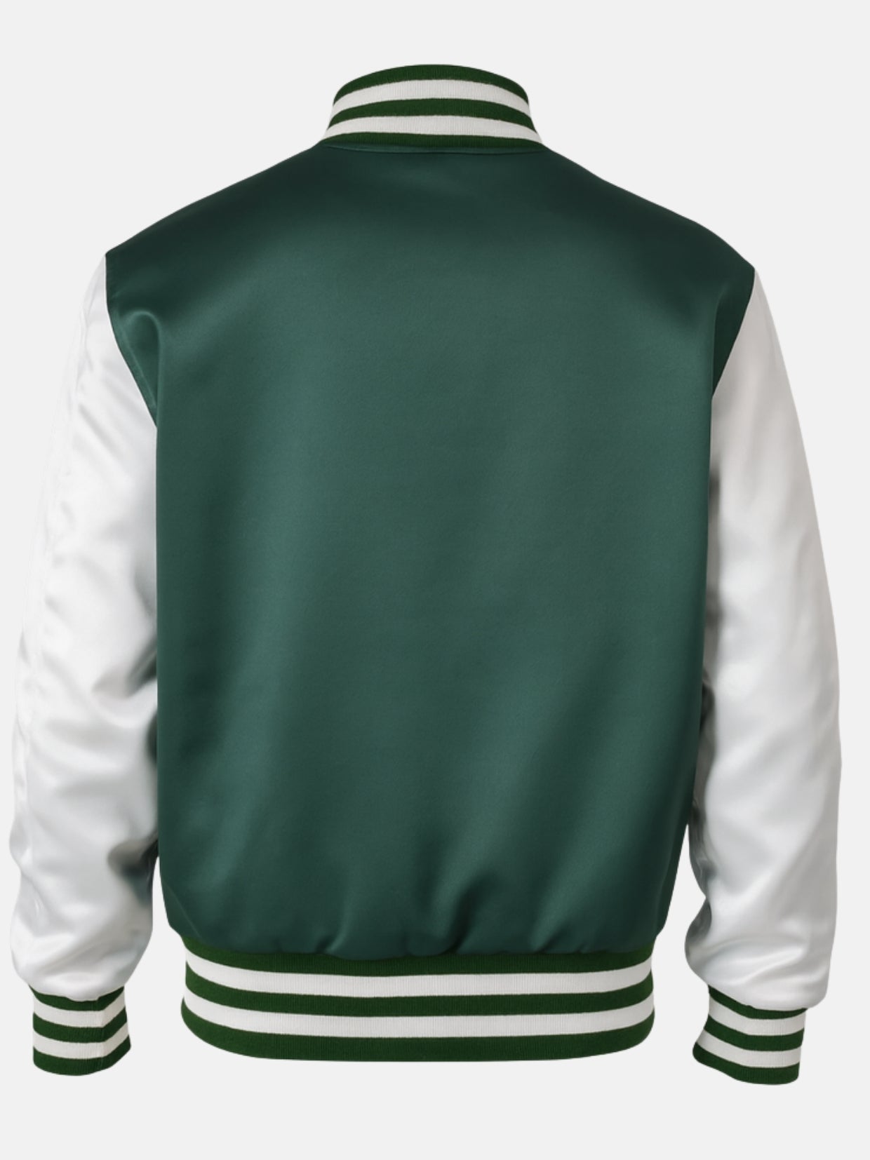 Flat back shot of forest green satin varsity jacket with white sleeves and striped hem