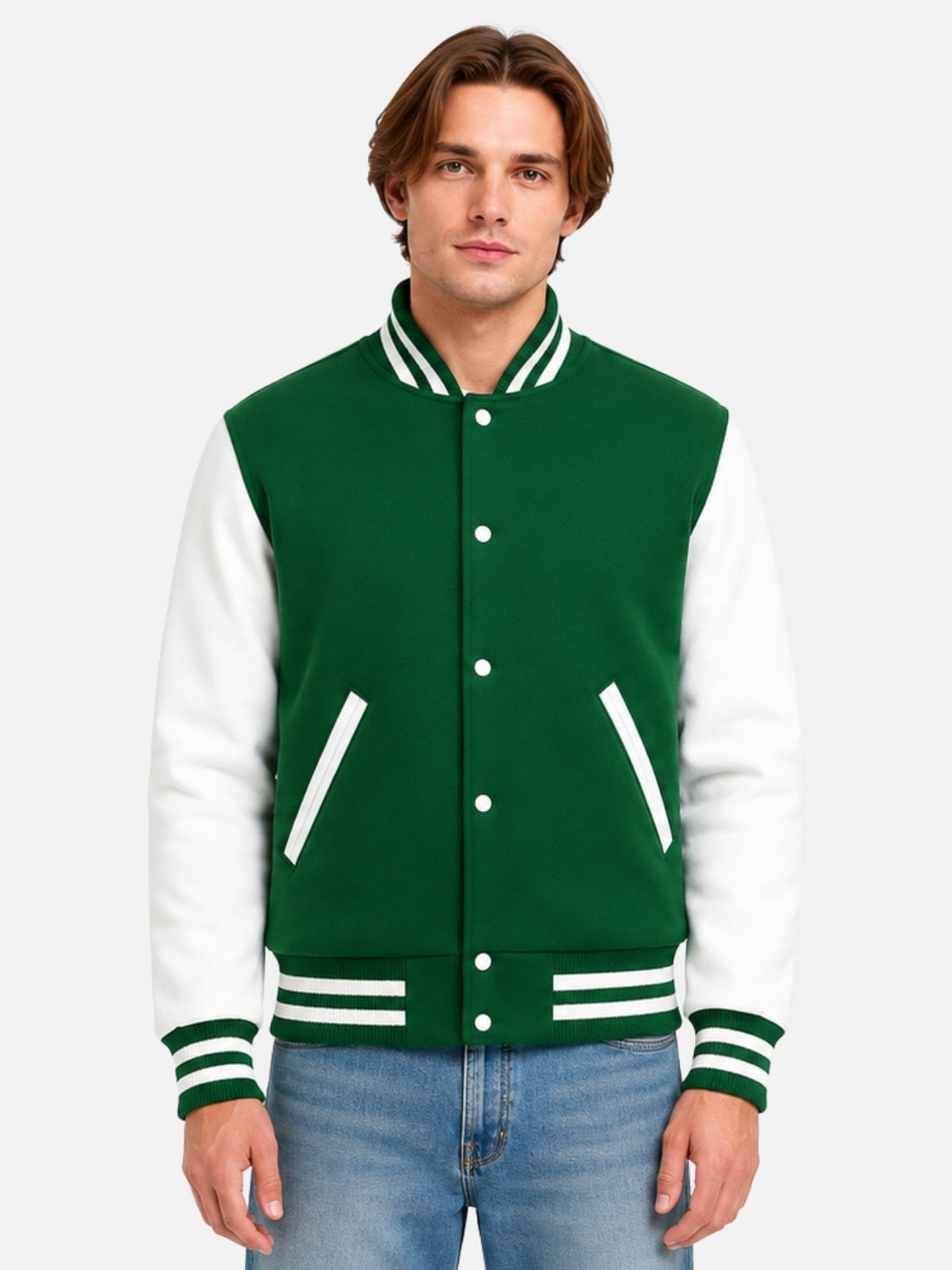 Man wearing kelly green varsity jacket with white leather sleeves and striped collar, size Medium
