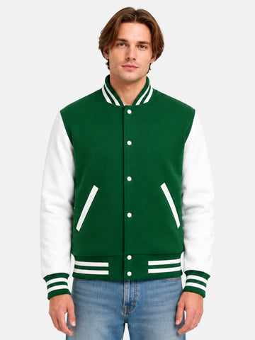 Man wearing kelly green varsity jacket with white leather sleeves and striped collar, size Medium