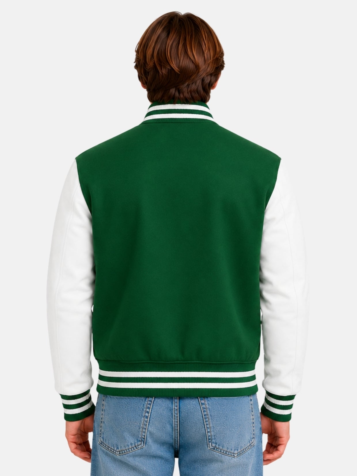 Model showing plain green back panel of varsity jacket with white sleeves