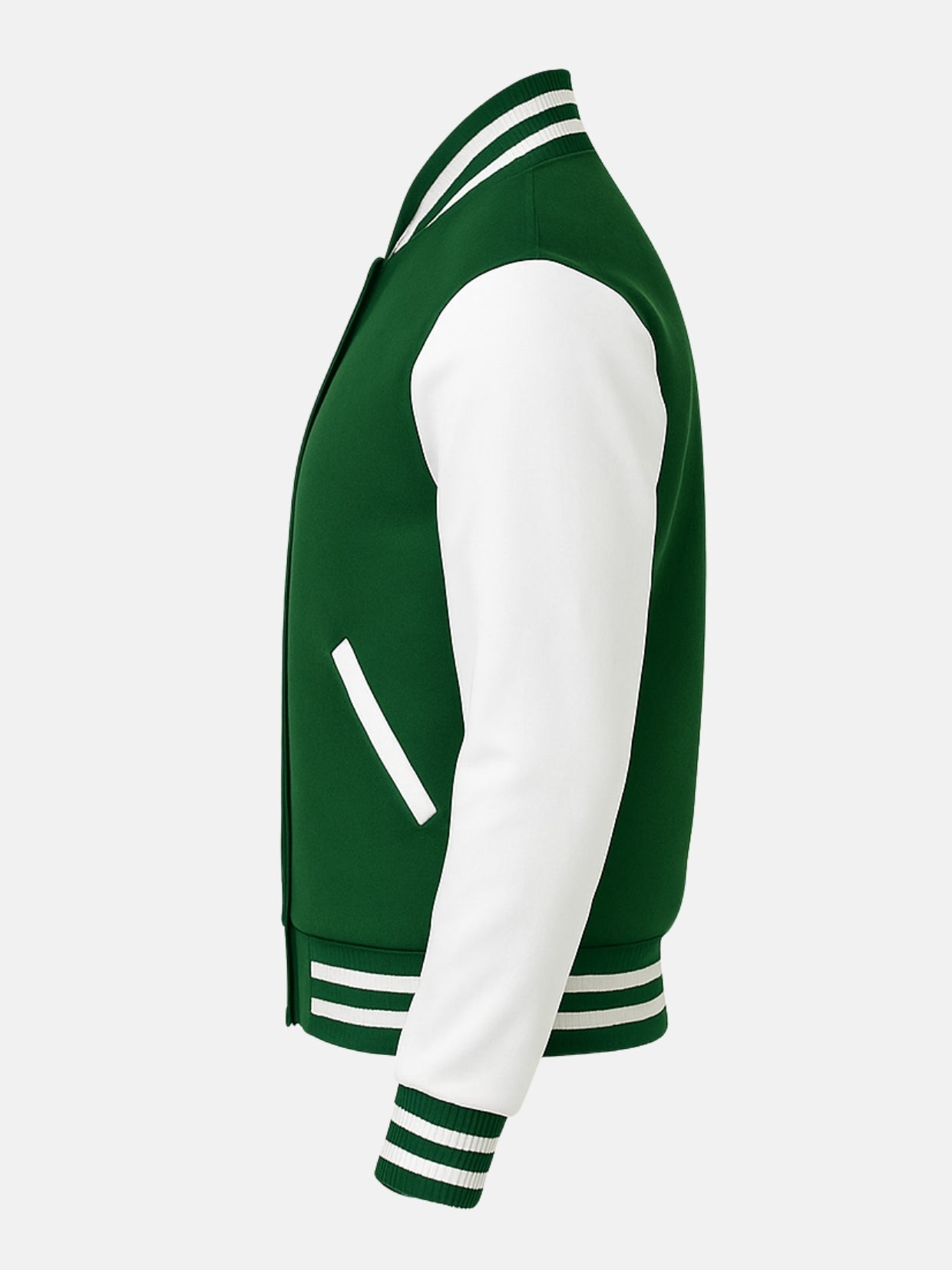 White leather-piped welt pocket detail on green melton wool varsity jacket, side view