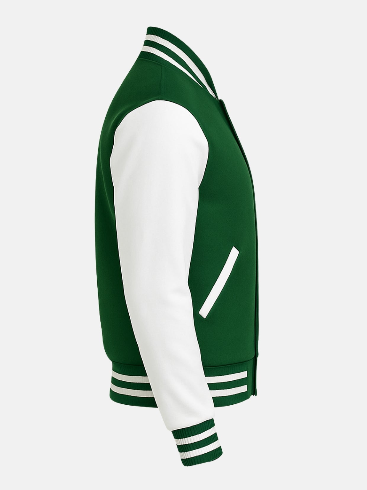 White cowhide sleeve with green and white striped knit cuff on wool letterman jacket