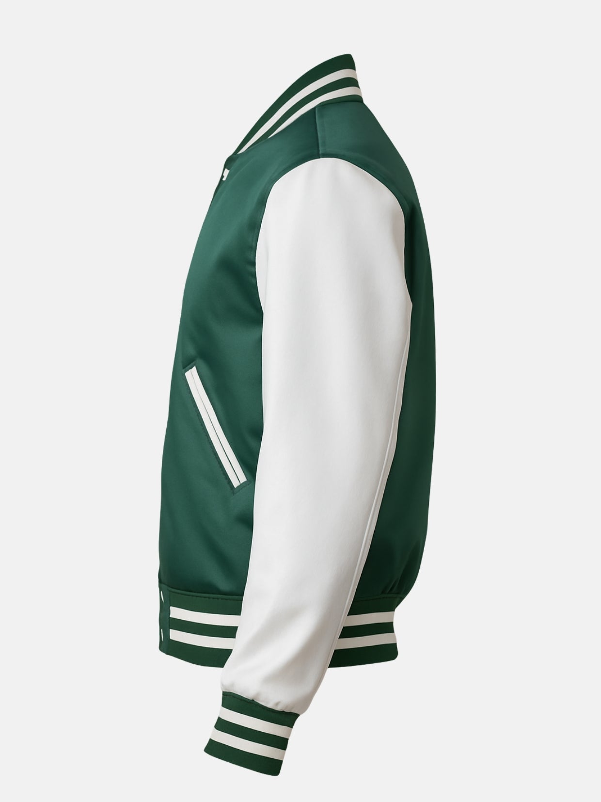 Flat side view showing white satin sleeve and white-trimmed welt pocket
