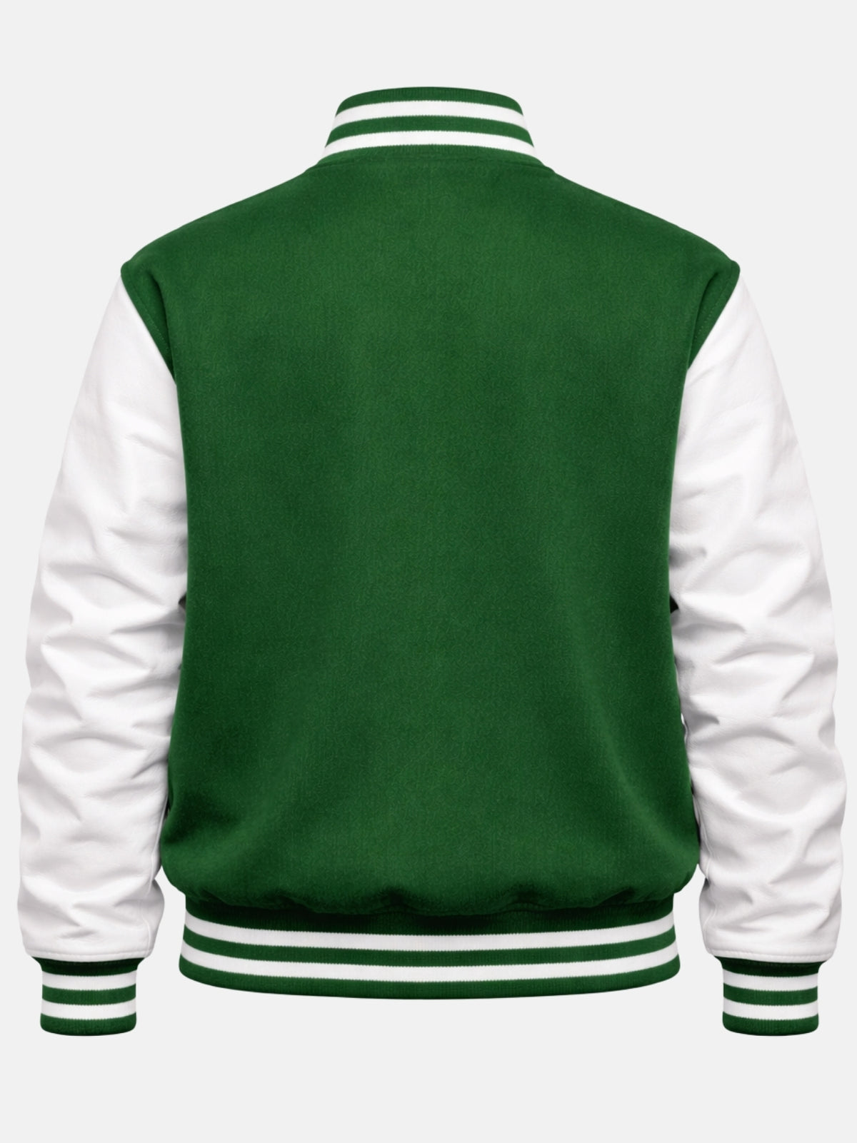 Flat back shot of kelly green wool varsity jacket with white leather sleeves