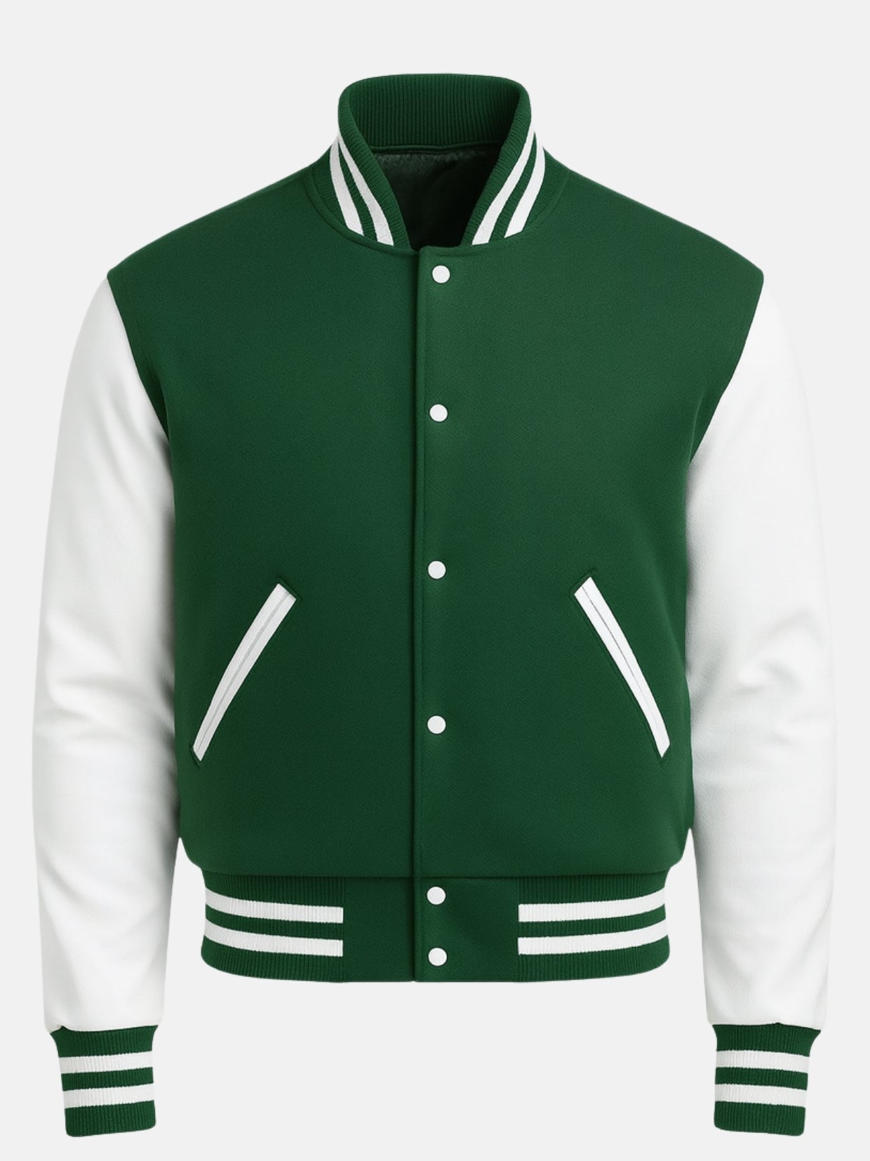 Kelly green wool varsity jacket with white snaps, striped rib collar and leather-piped pockets