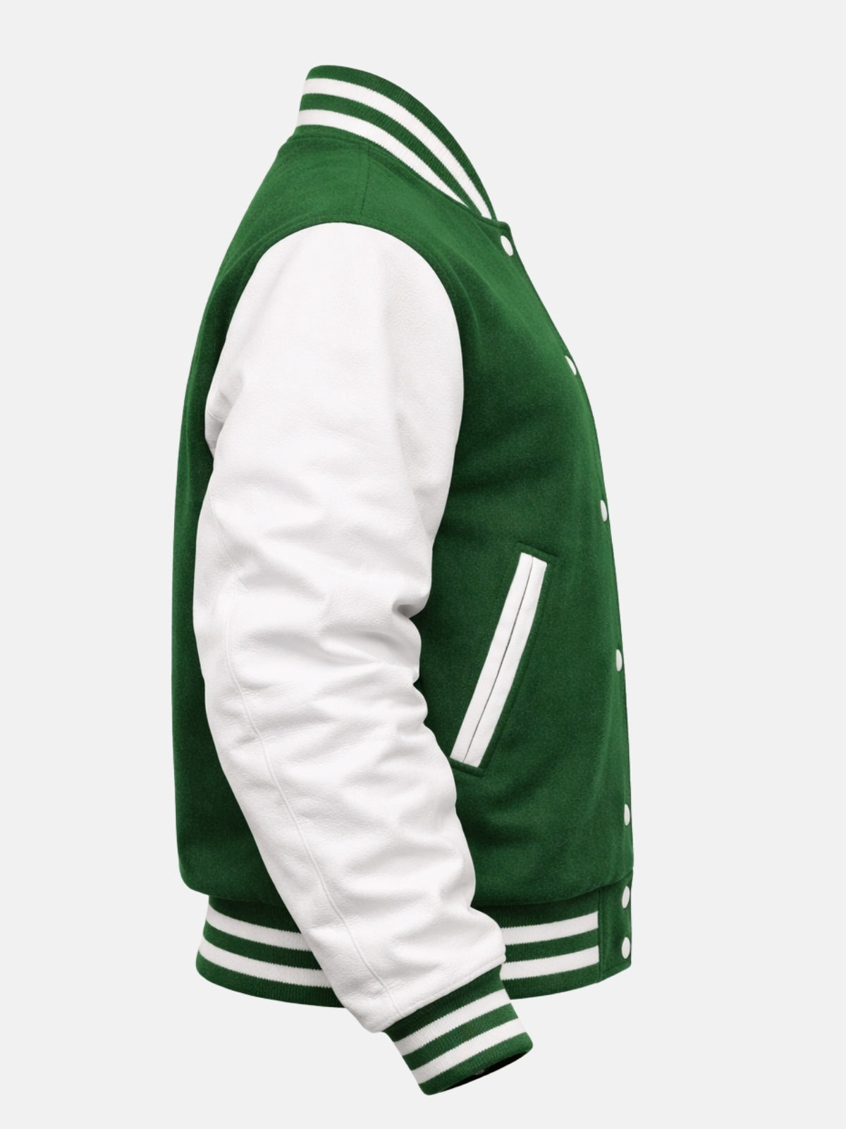 Side flat view of green varsity jacket showing white welt trim and striped hem