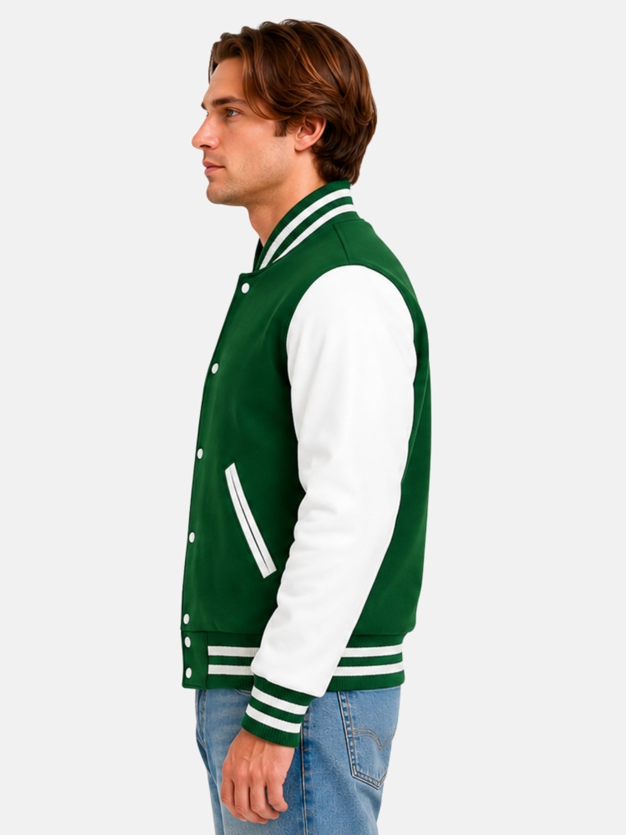 Side profile of kelly green wool baseball-collar jacket with white leather sleeve