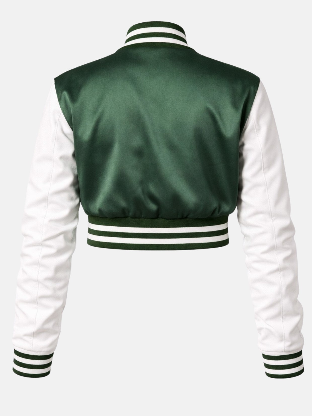 Flat lay, back, green satin panel with white raglan sleeves meeting at the collar seam