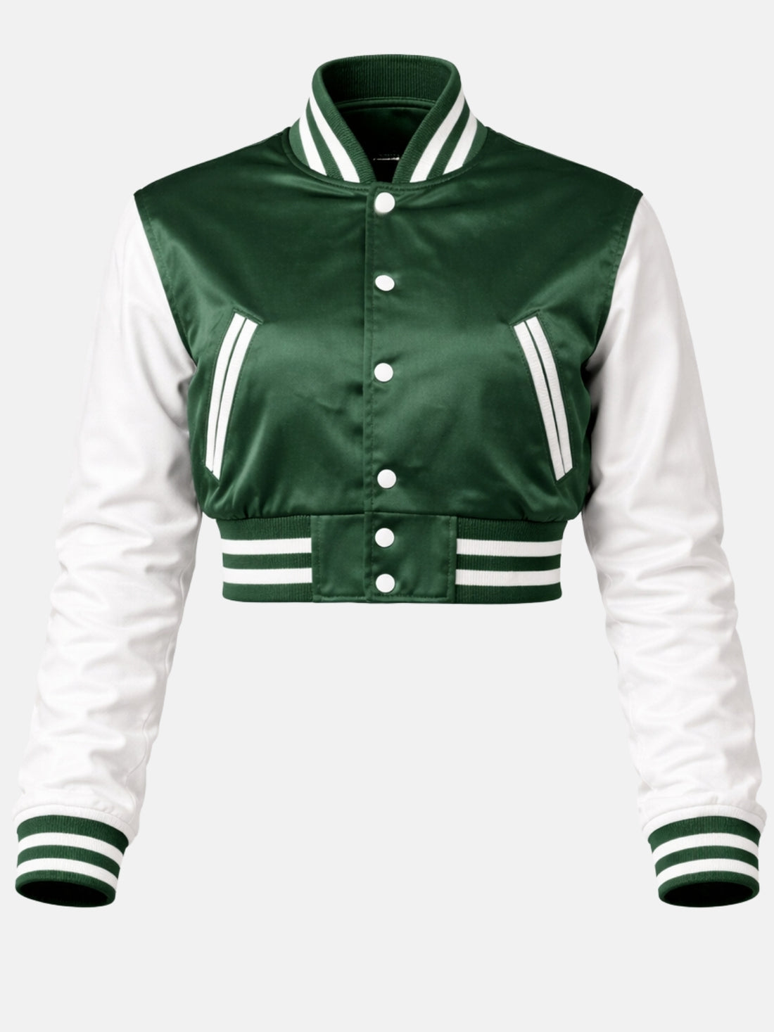 Model in green satin varsity jacket with white contrast sleeves, top snaps open over a white tee