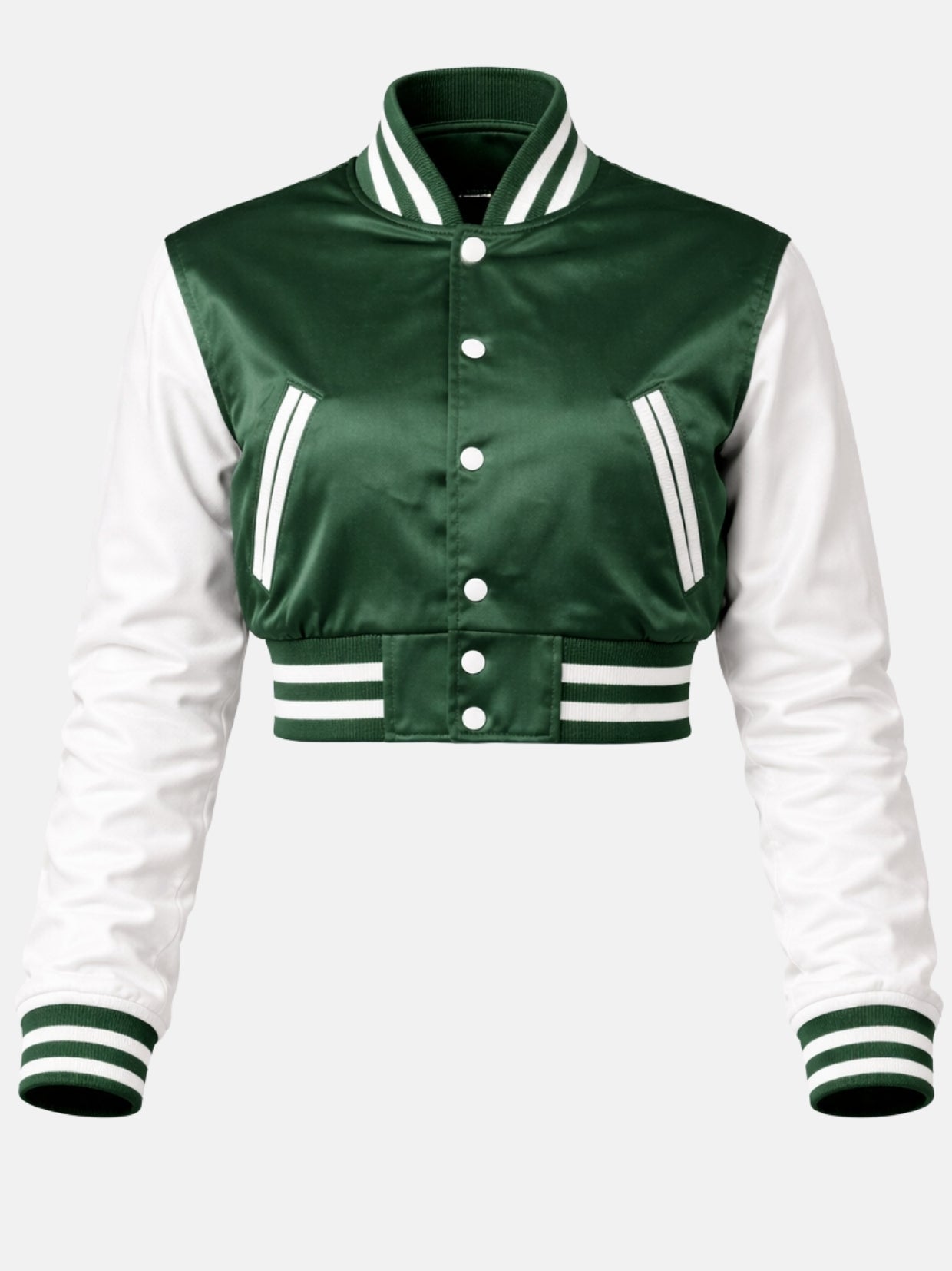 Flat lay, front, five white snaps closed with matching white-piped pockets on each side
