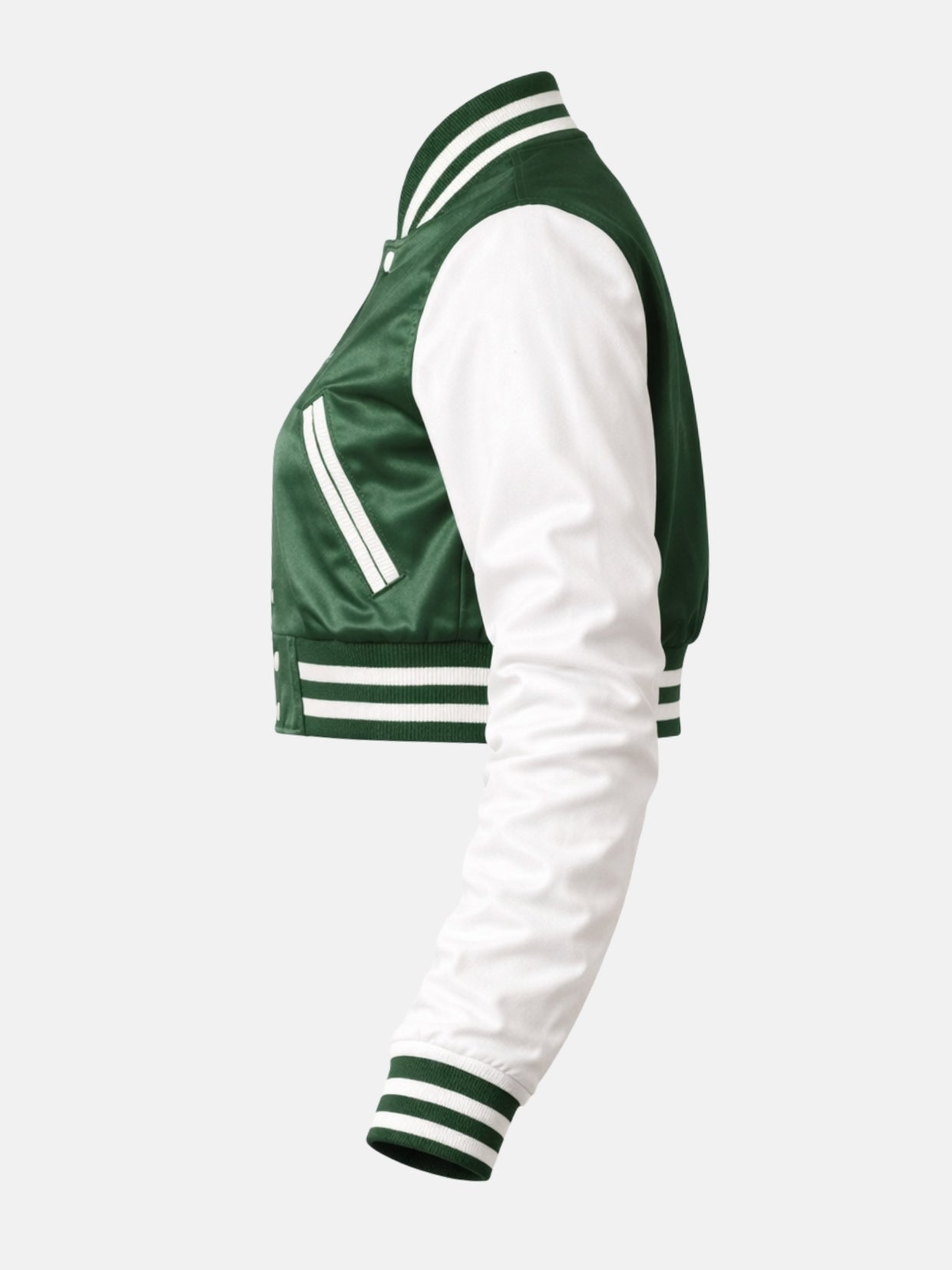 Flat lay, straight side profile, white sleeve extended showing where it joins the green body