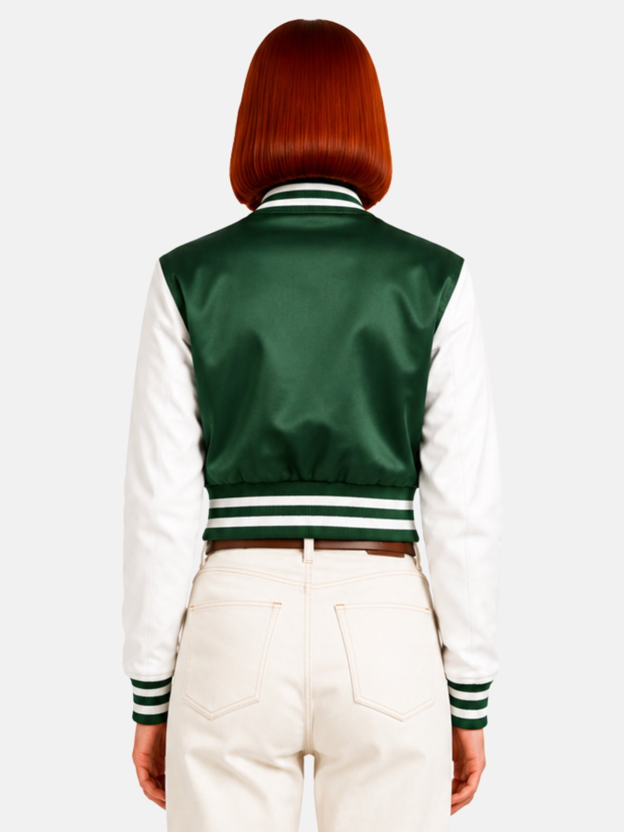 Back view of model showing the green satin back panel against the white sleeves