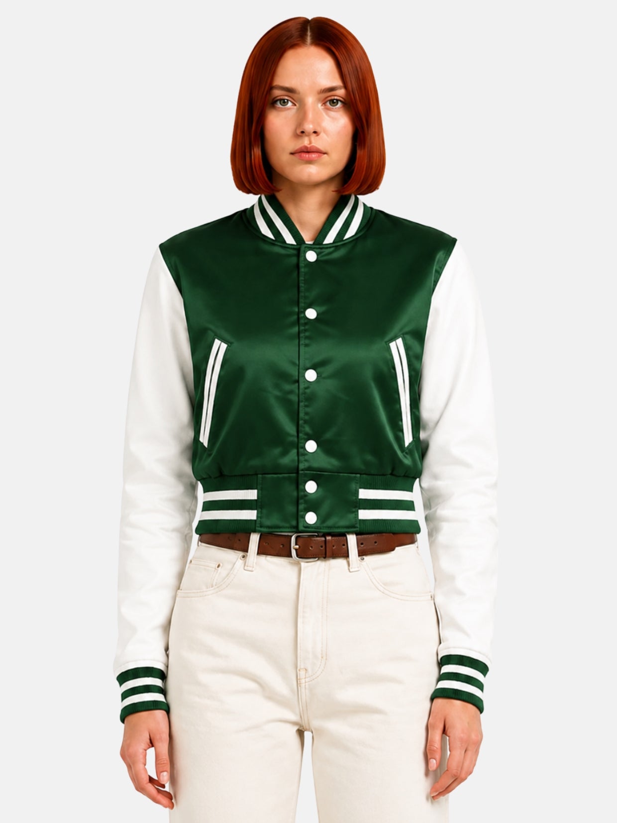 Model in green satin varsity jacket with white contrast sleeves, top snaps open over a white tee
