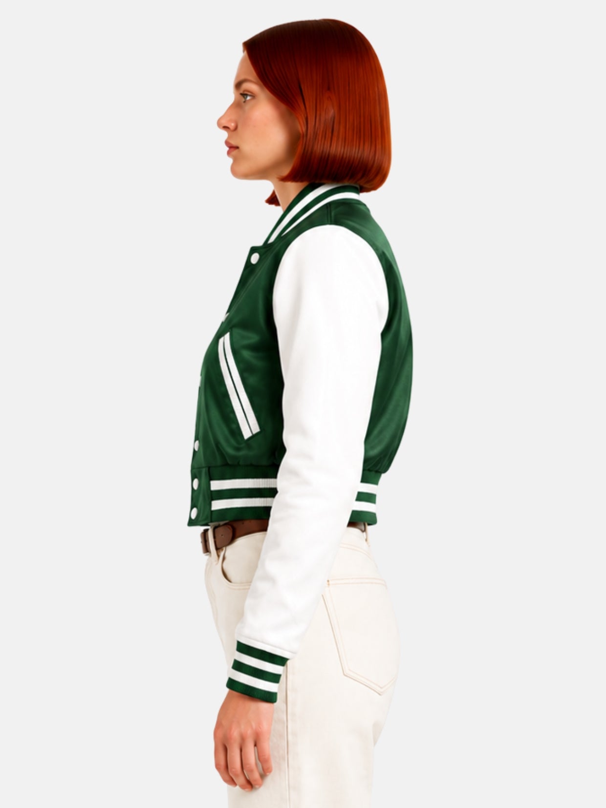Side profile of model showing the raglan seam where the white sleeve meets the green satin body