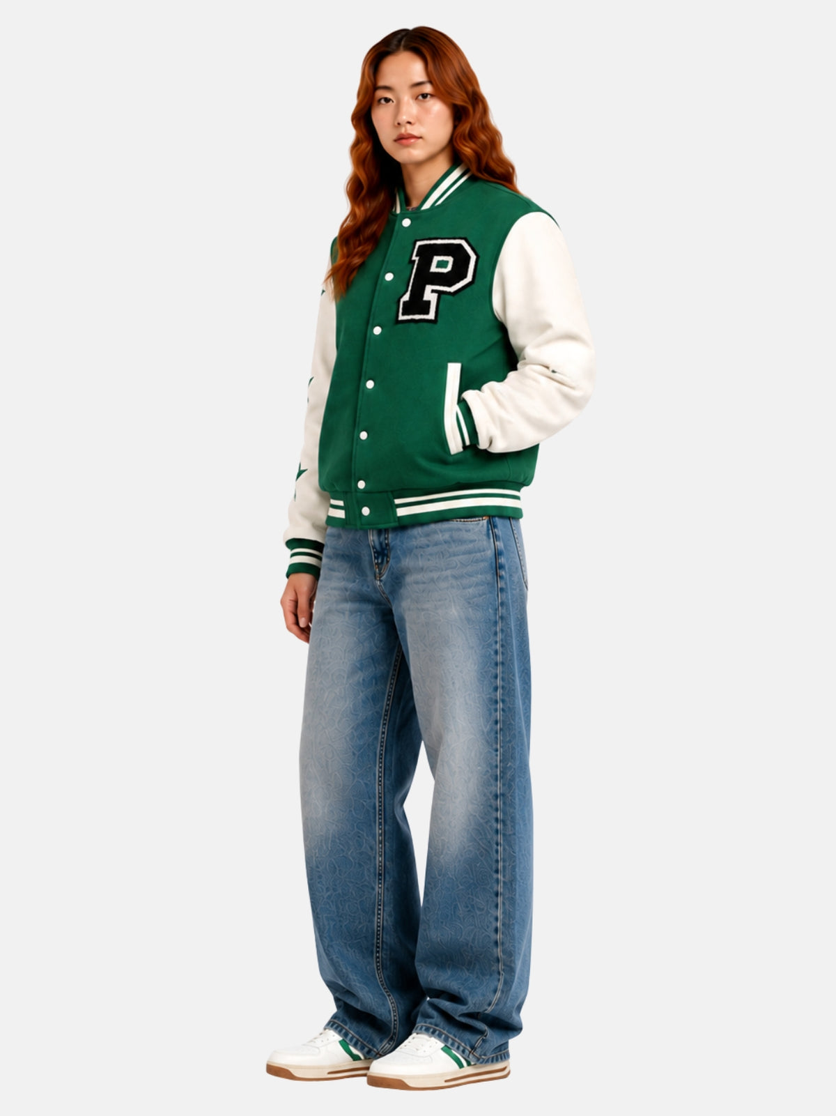 Angled view of green and white jacket showing the star sleeve motif