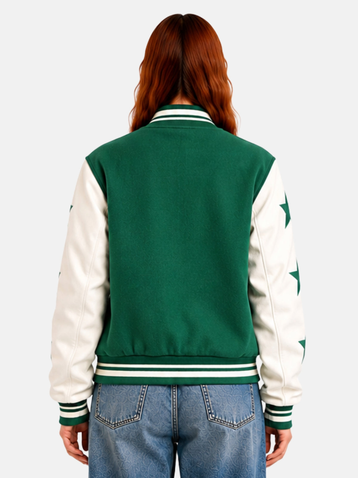 Back view of green letterman jacket with white sleeves and star motif