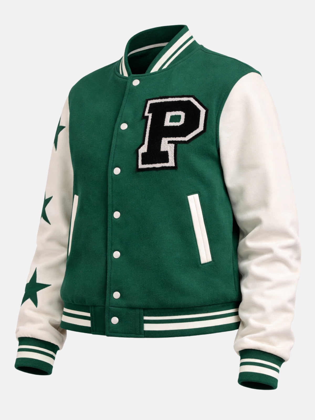 Women’s green letterman varsity jacket with chenille patch and riavbbed trim, tilt view
