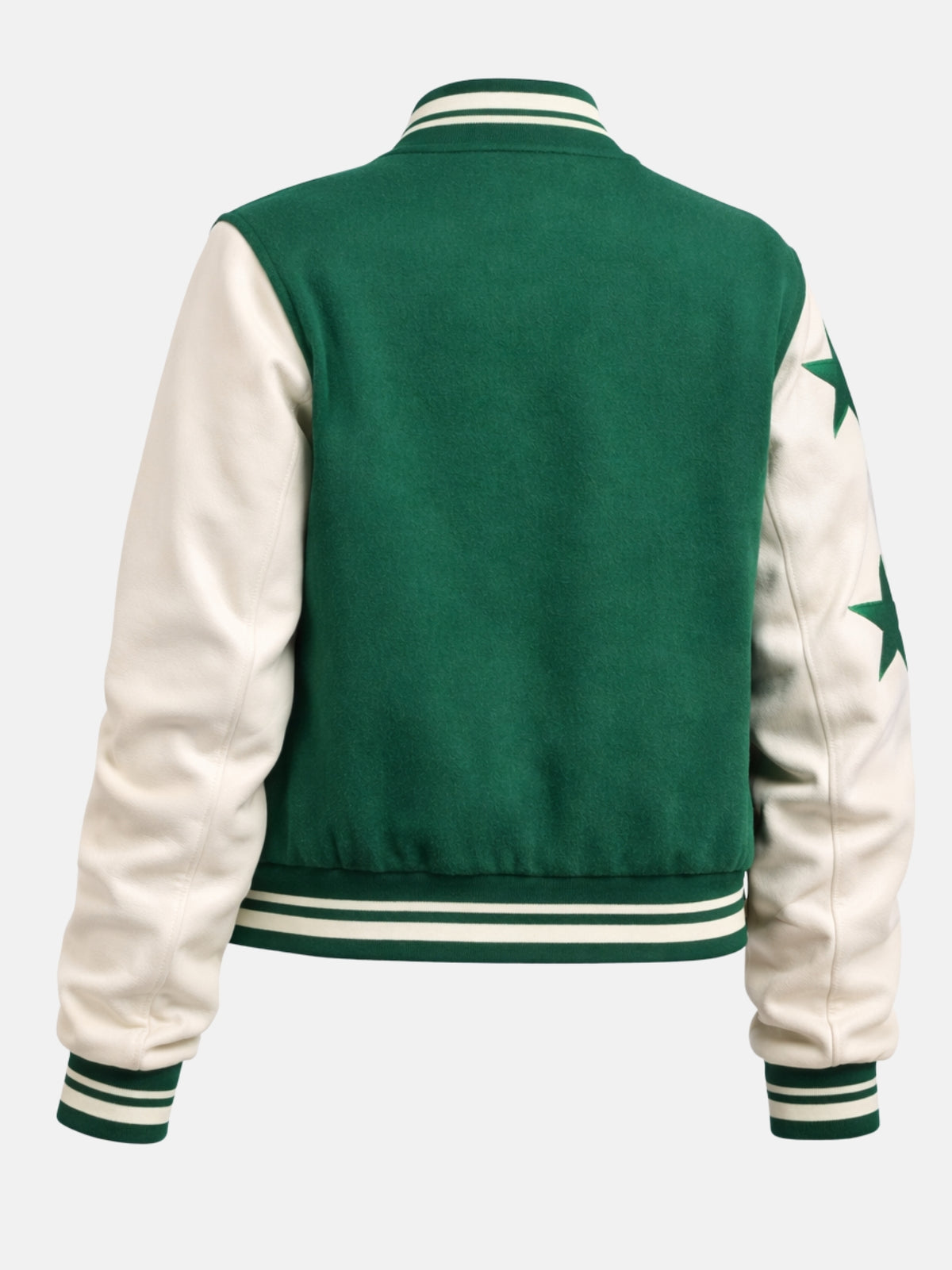 Flat lay back of green wool jacket showing full star sleeve pattern