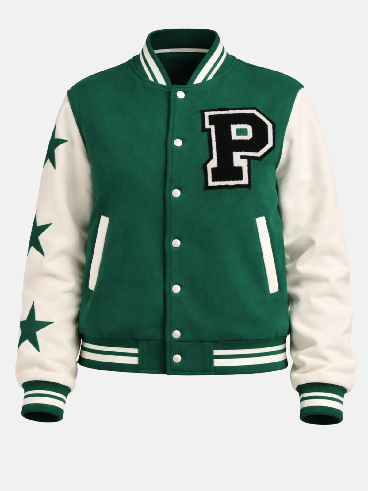 Flat lay of green wool jacket with chenille P patch and star sleeve