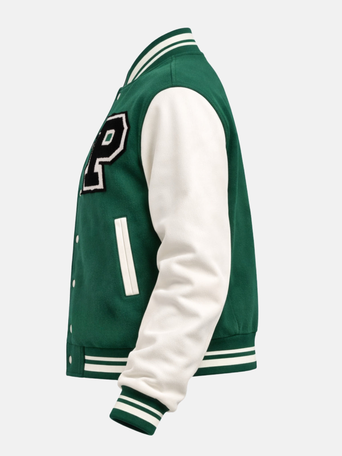 Flat lay side view of green wool jacket highlighting the star design