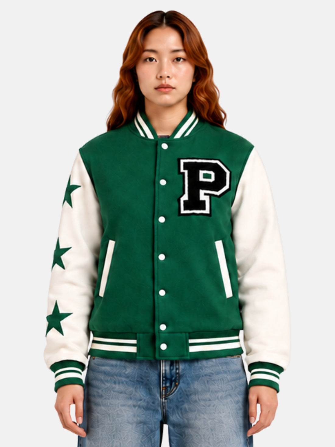 Green wool letterman jacket with white sleeves and black B patch on model