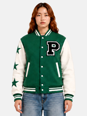 Green wool letterman jacket with white sleeves and black B patch on model