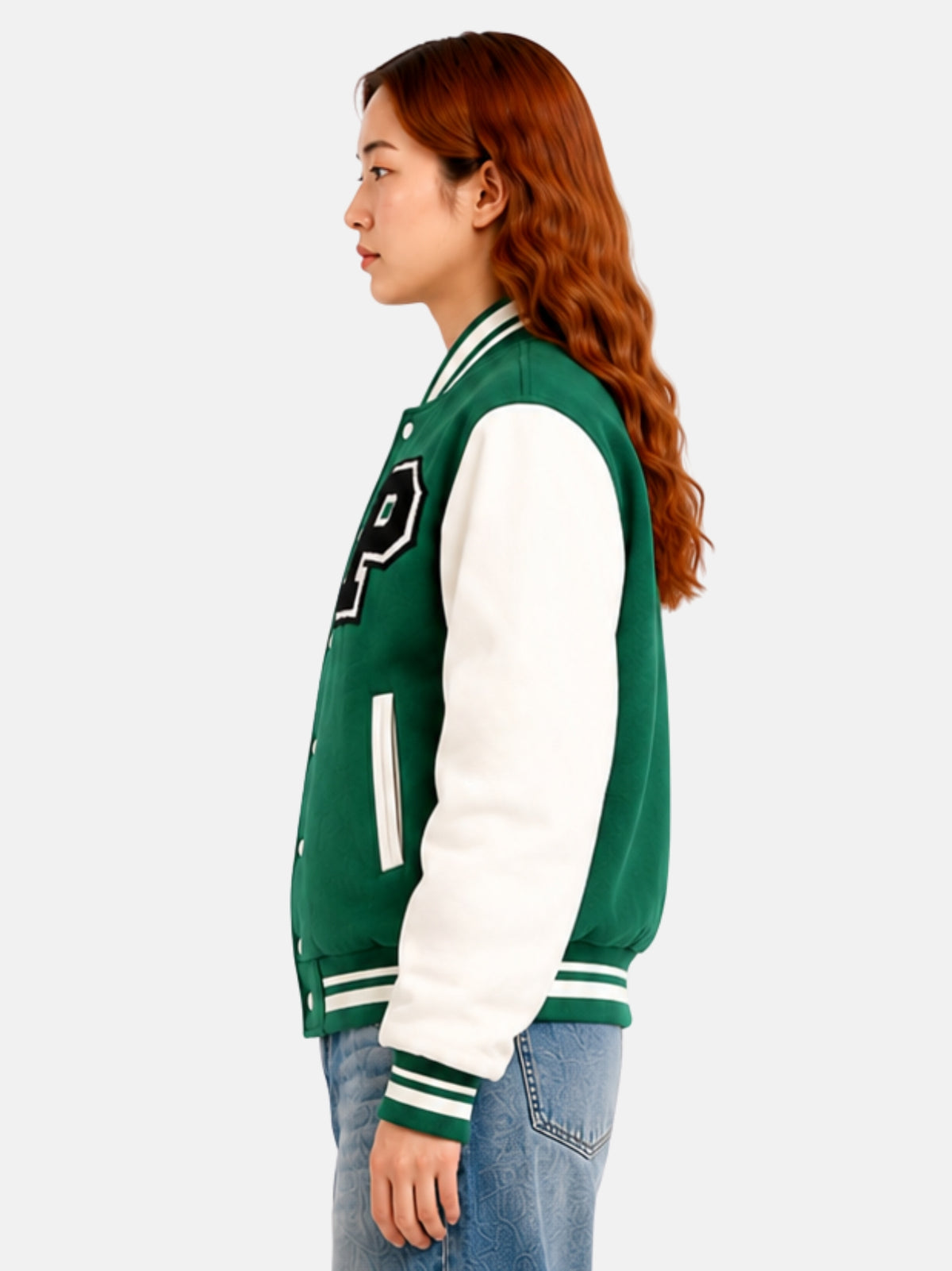 Side profile of green wool jacket showing stars down the white sleeve