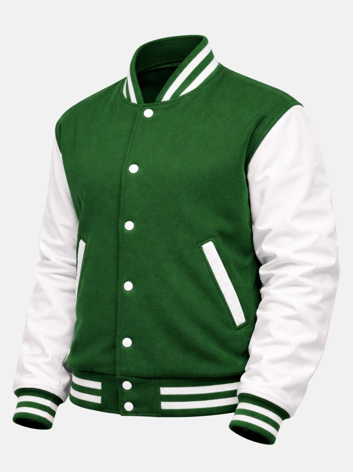 Angled front view of green varsity jacket with white leather sleeves and snap placket