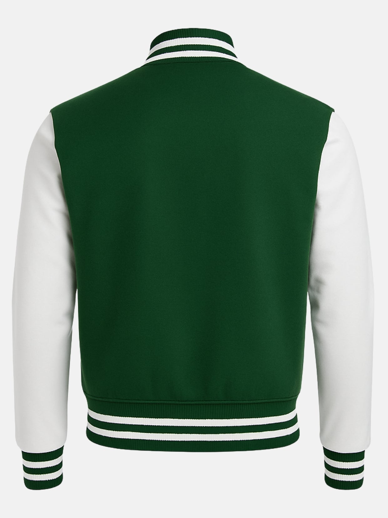 Blank green back panel of varsity jacket with white leather sleeves, ready for chenille letters