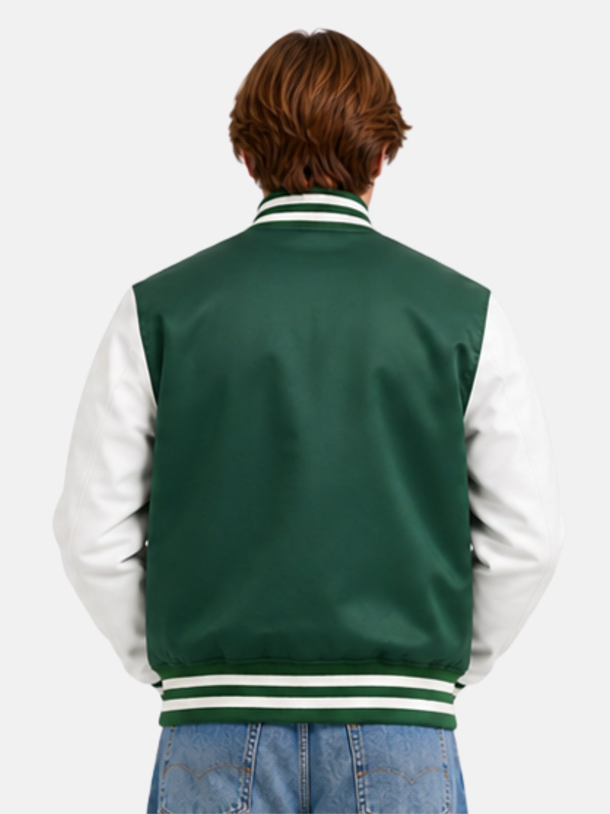 Back view of green varsity jacket with clean, patch-free green satin back panel