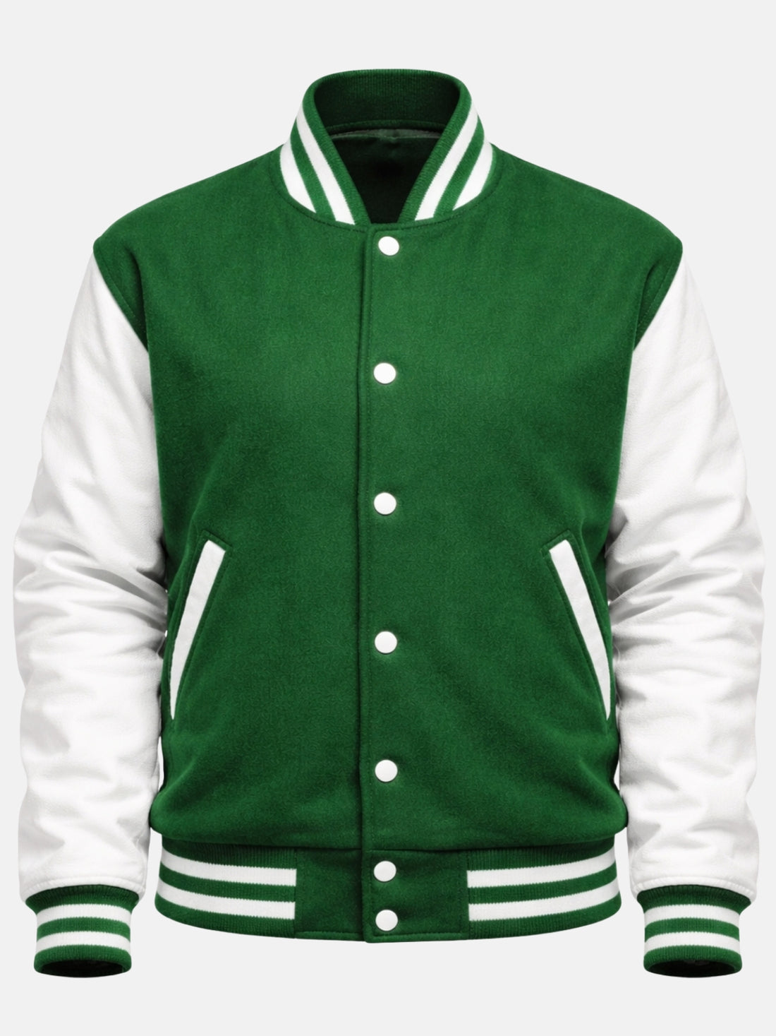 Woman wearing a kelly green varsity jacket with white leather sleeves and striped rib trims