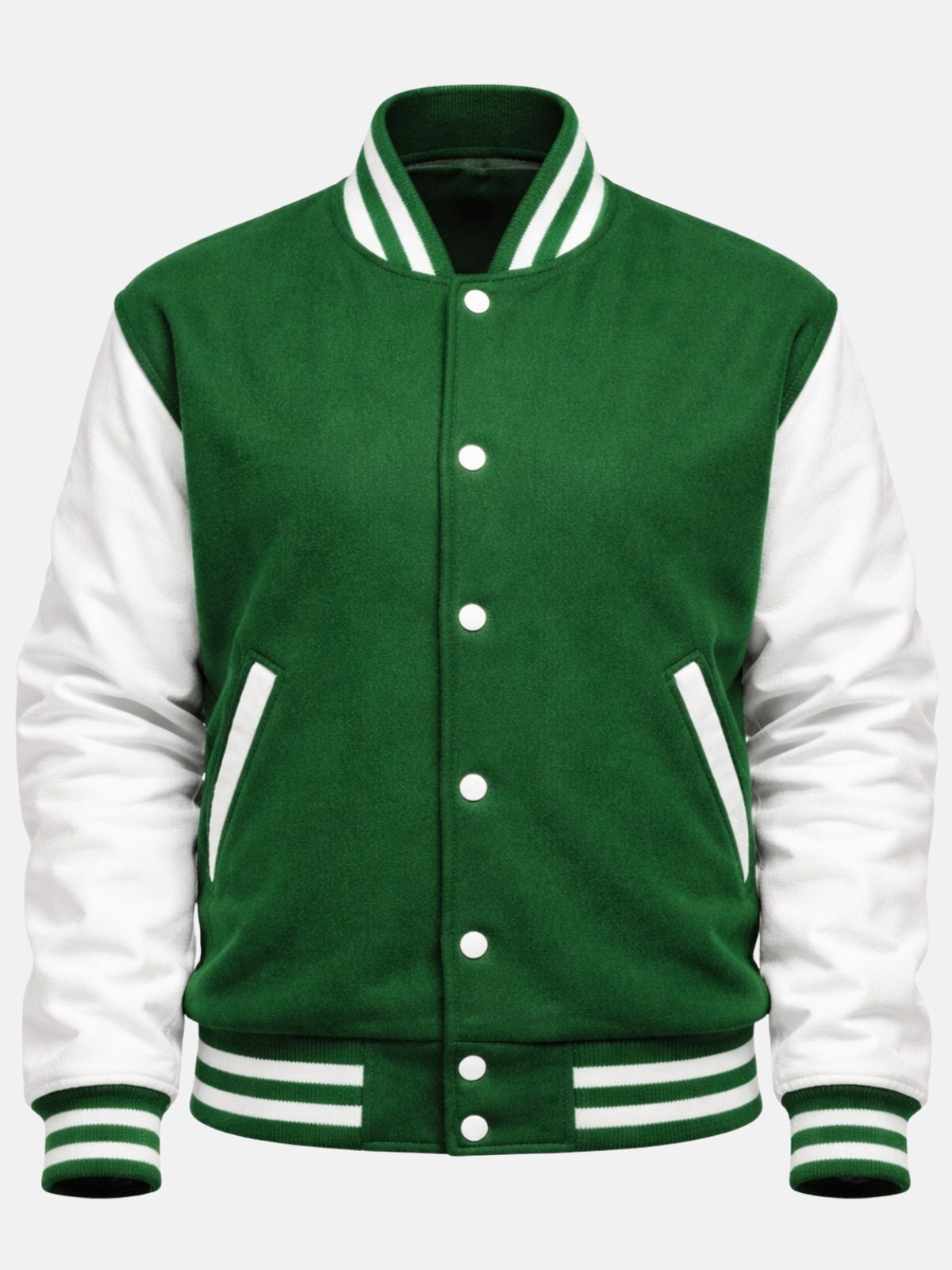 Green varsity jacket flat front with white snaps and white-trimmed welt pockets