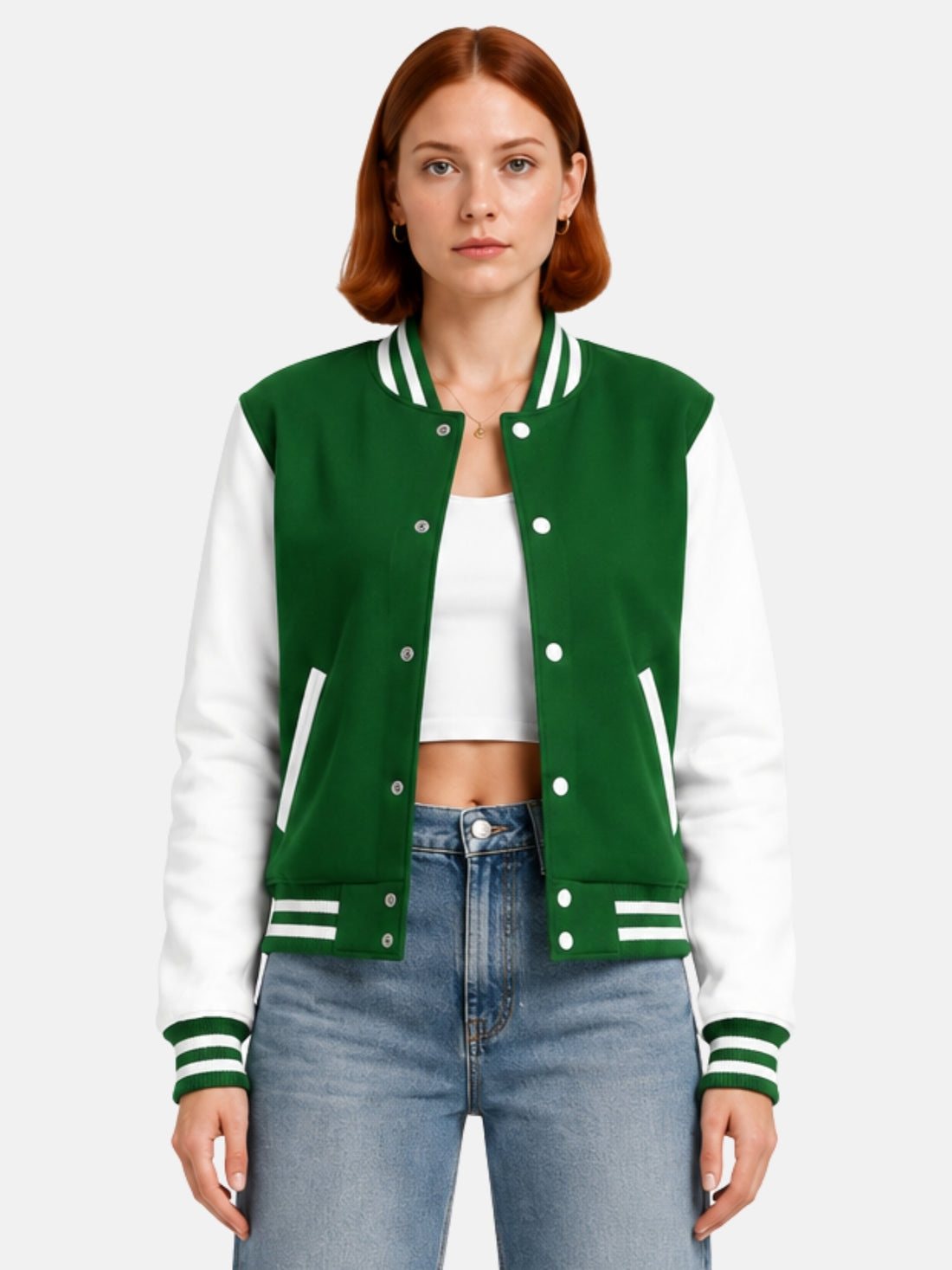 Woman wearing a kelly green varsity jacket with white leather sleeves and striped rib trims