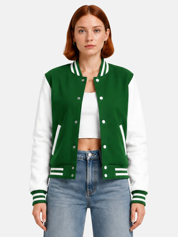 Woman wearing a kelly green varsity jacket with white leather sleeves and striped rib trims