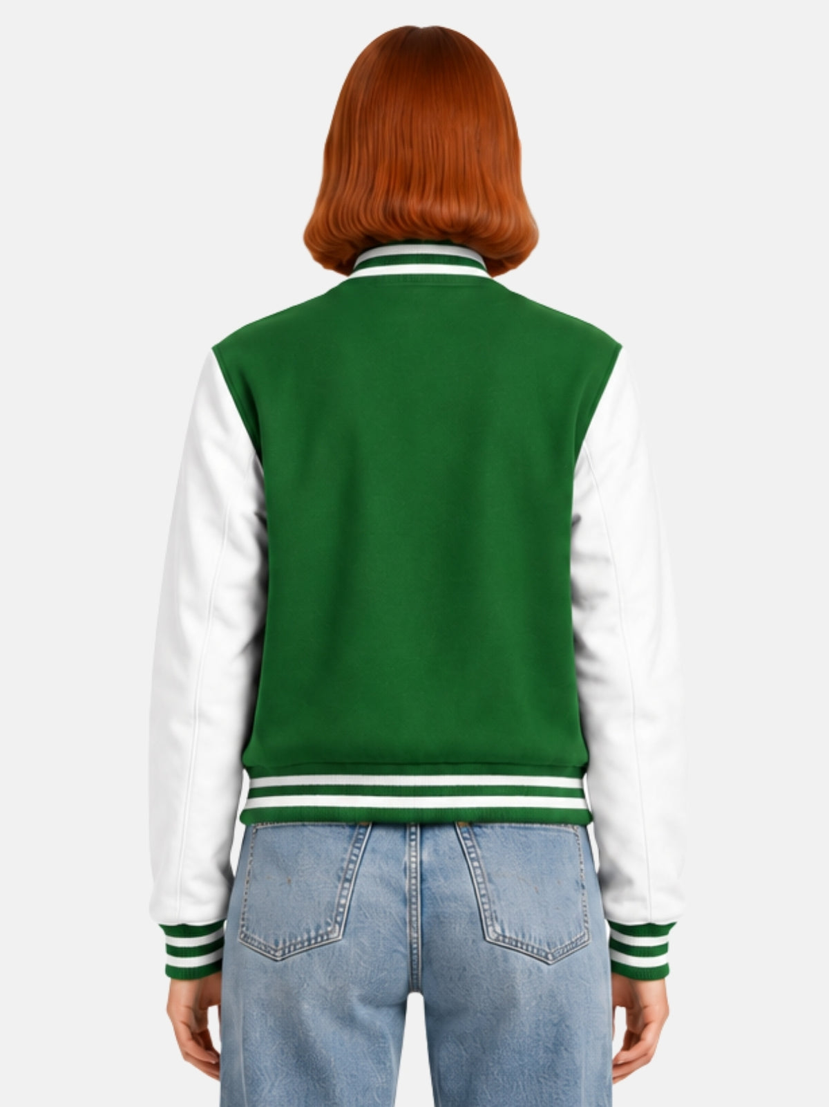 Back view of womens green varsity jacket with white sleeves and clean back panel