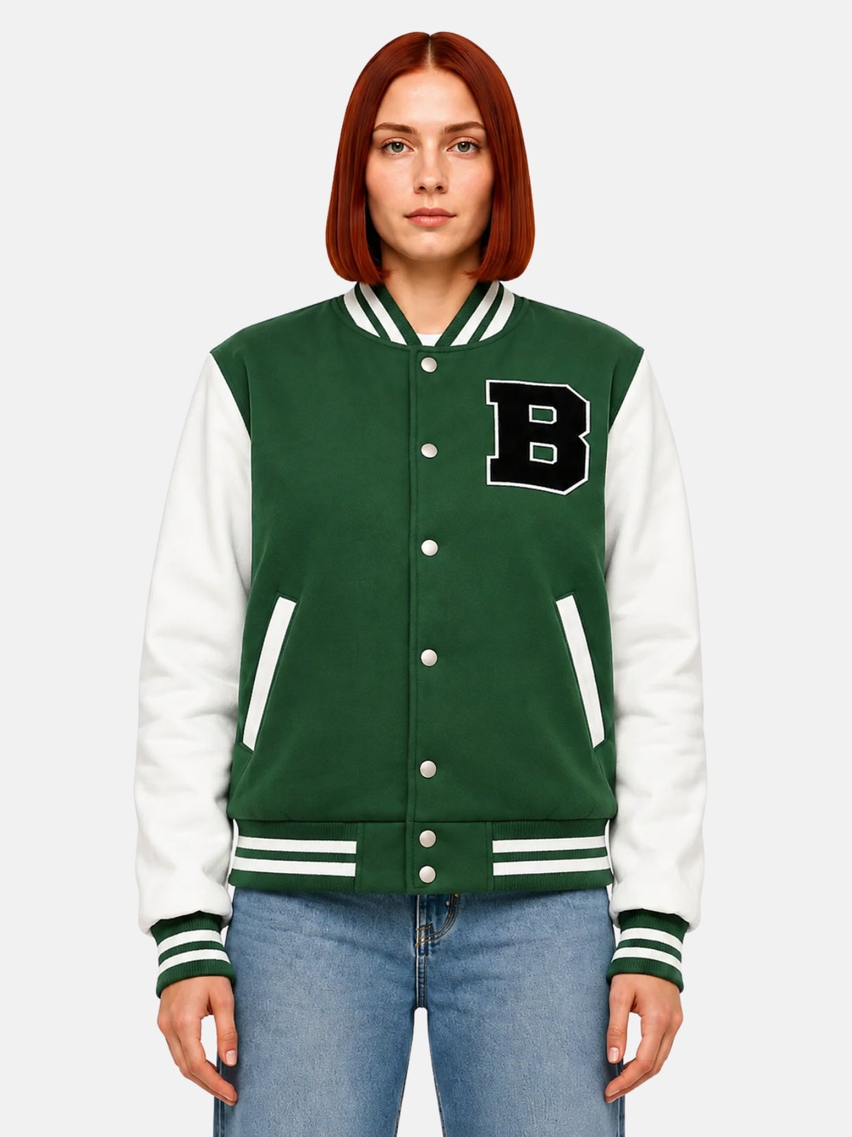 Green wool letterman jacket with white sleeves and black B patch on model
