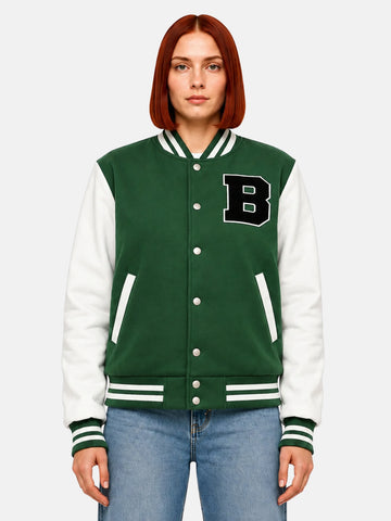 Green wool letterman jacket with white sleeves and black B patch on model