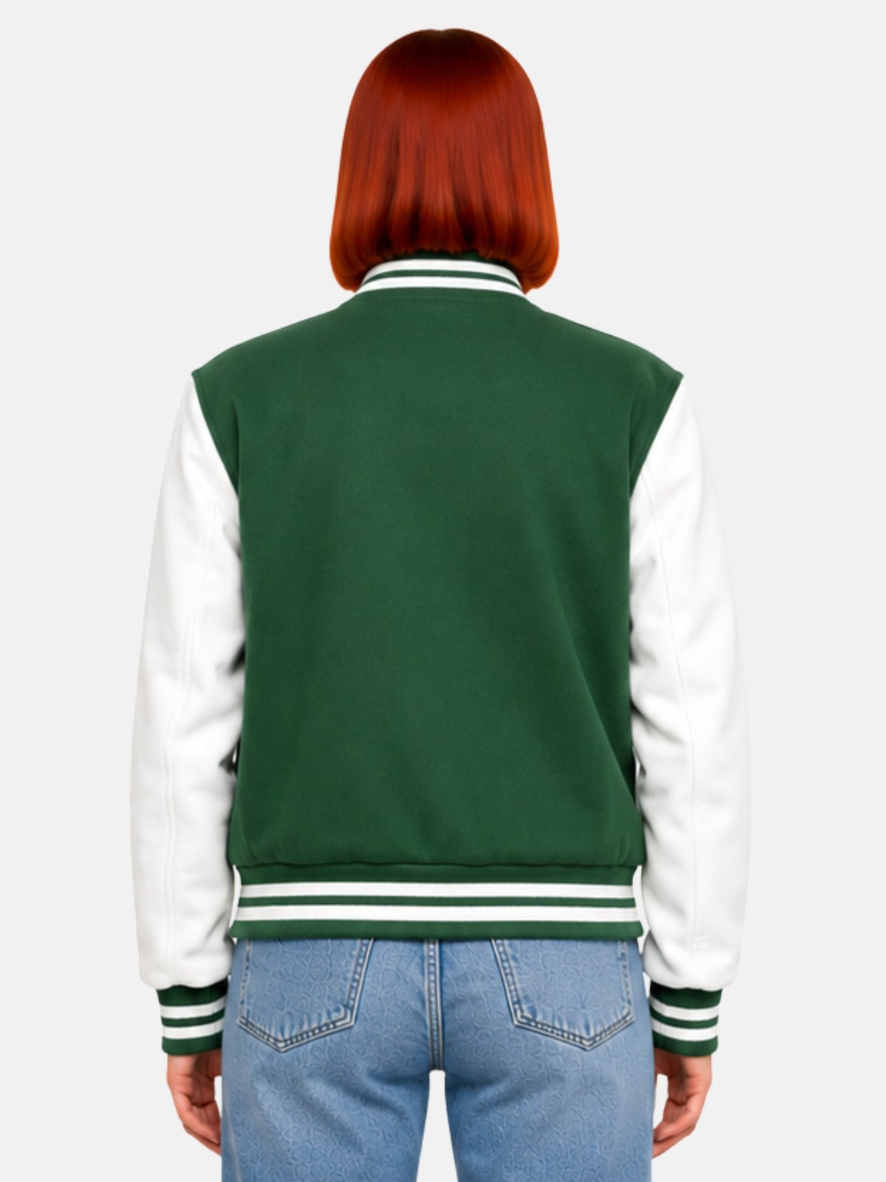 Back view of green letterman jacket with white sleeves and ribbed collar