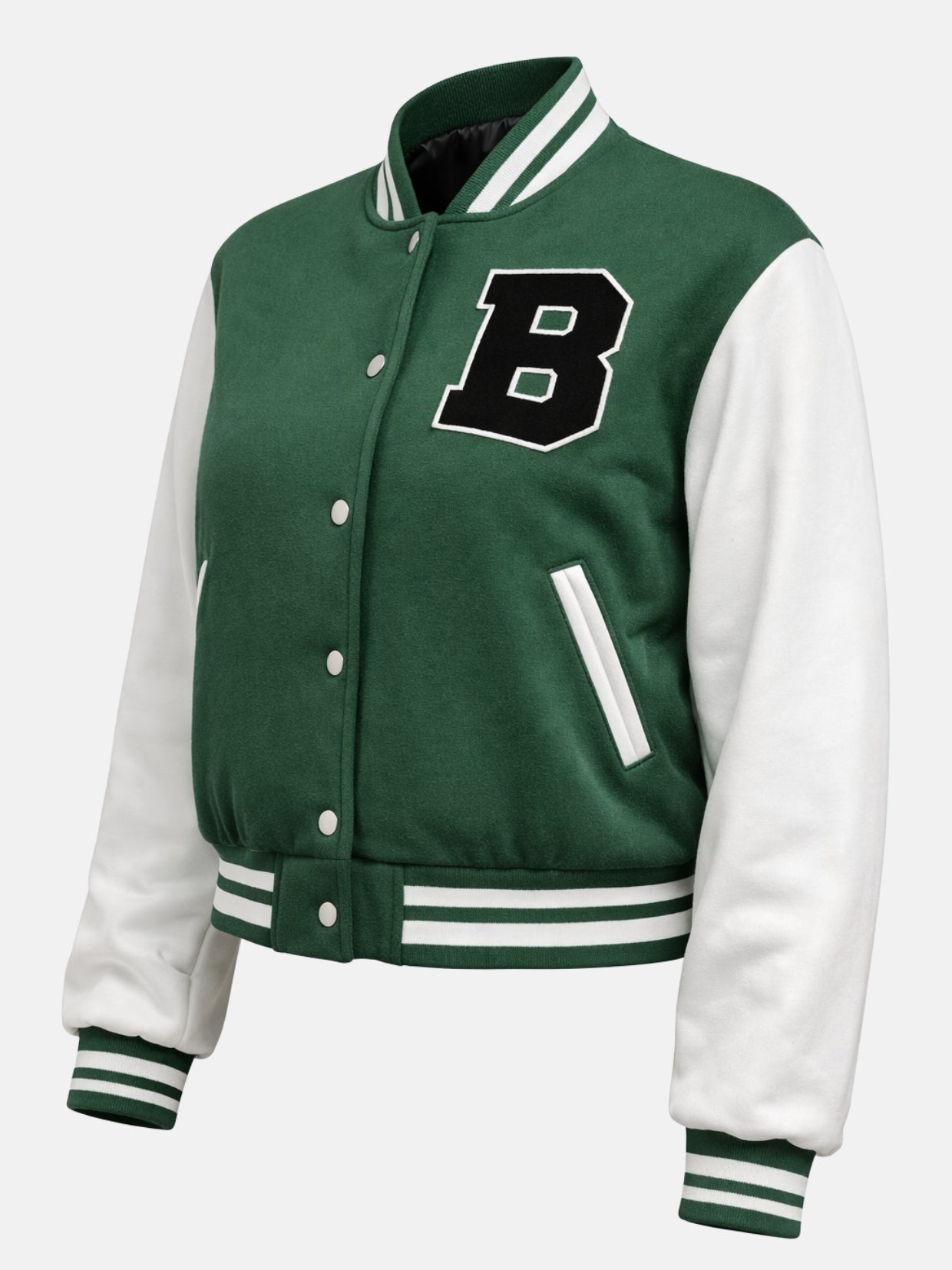 Angled flat lay of green wool jacket showing chenille patch and ribbing