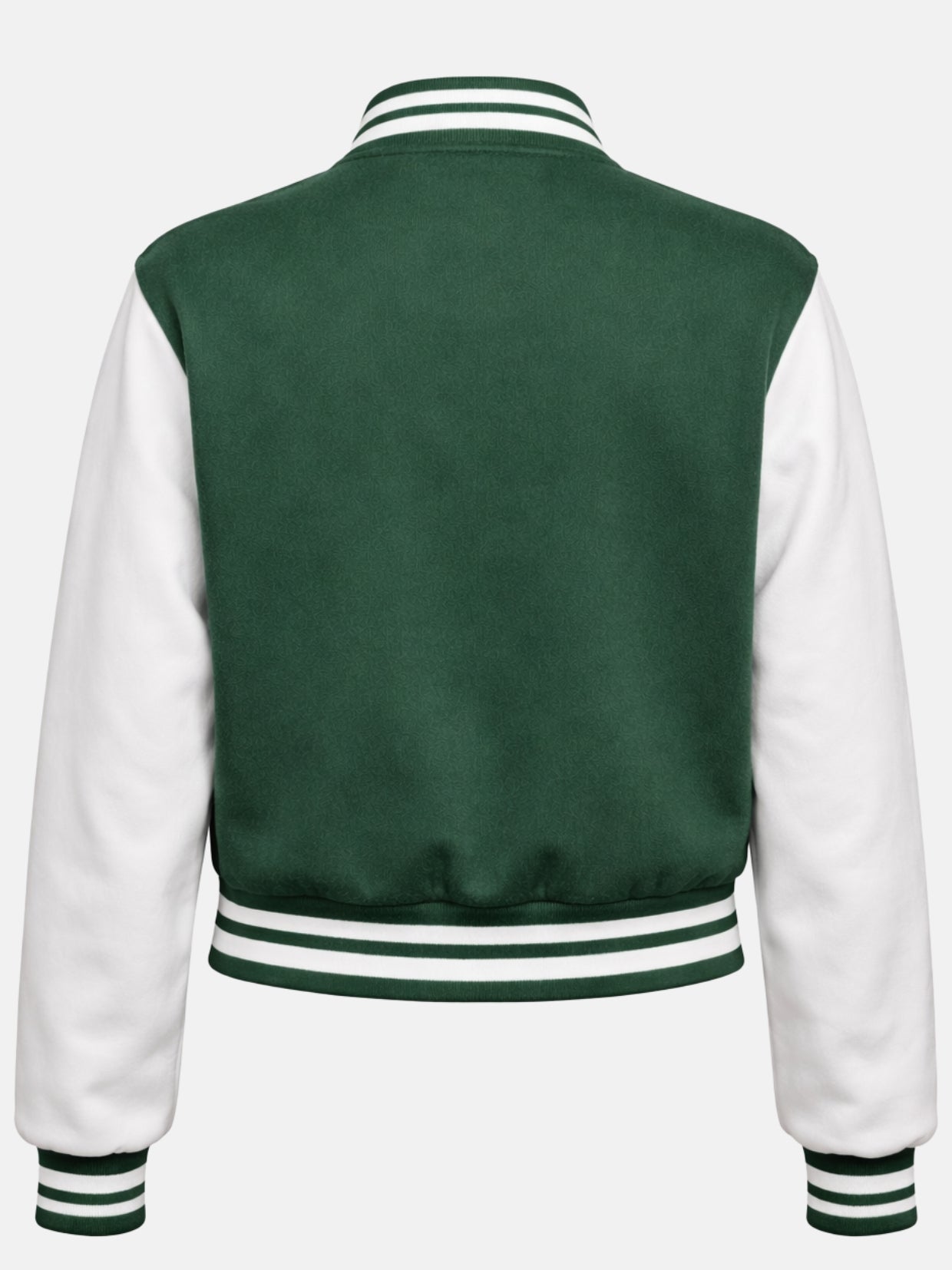 Flat lay back of green wool jacket showing white sleeve panels